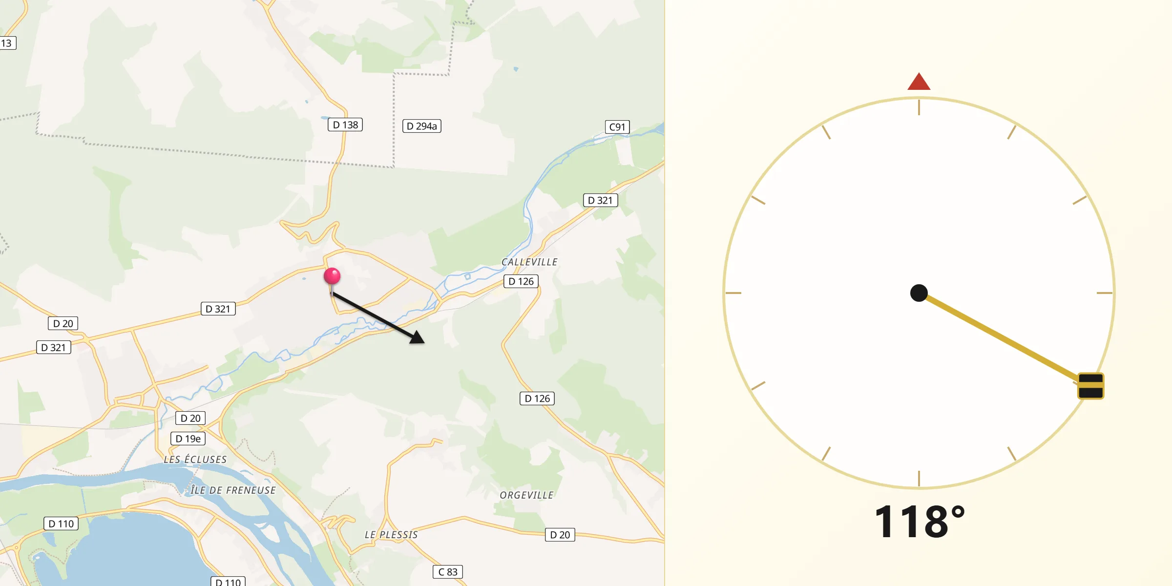 Direction vers la Qibla depuis Romilly-sur-Andelle