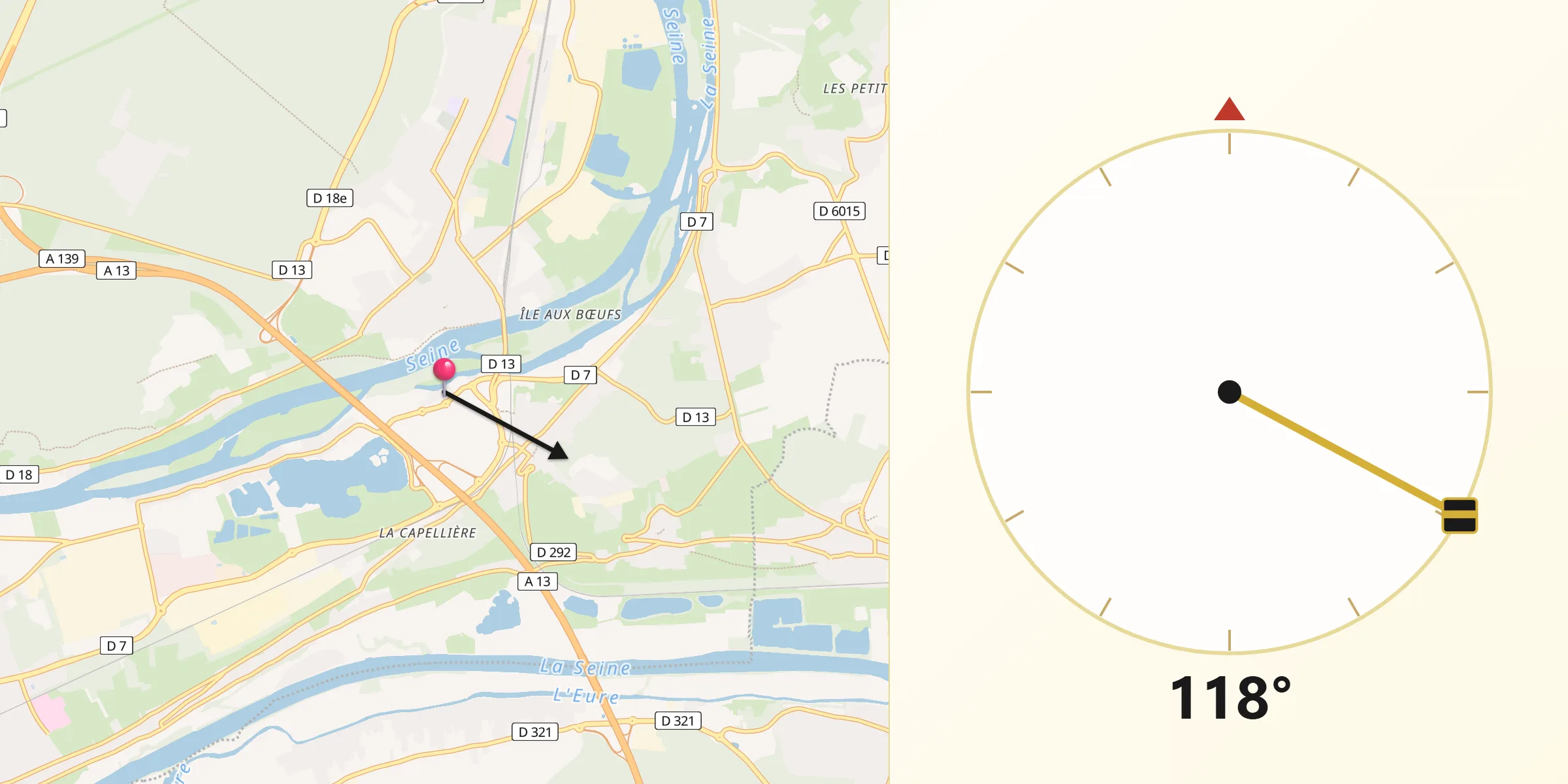 Direction vers la Qibla depuis Oissel