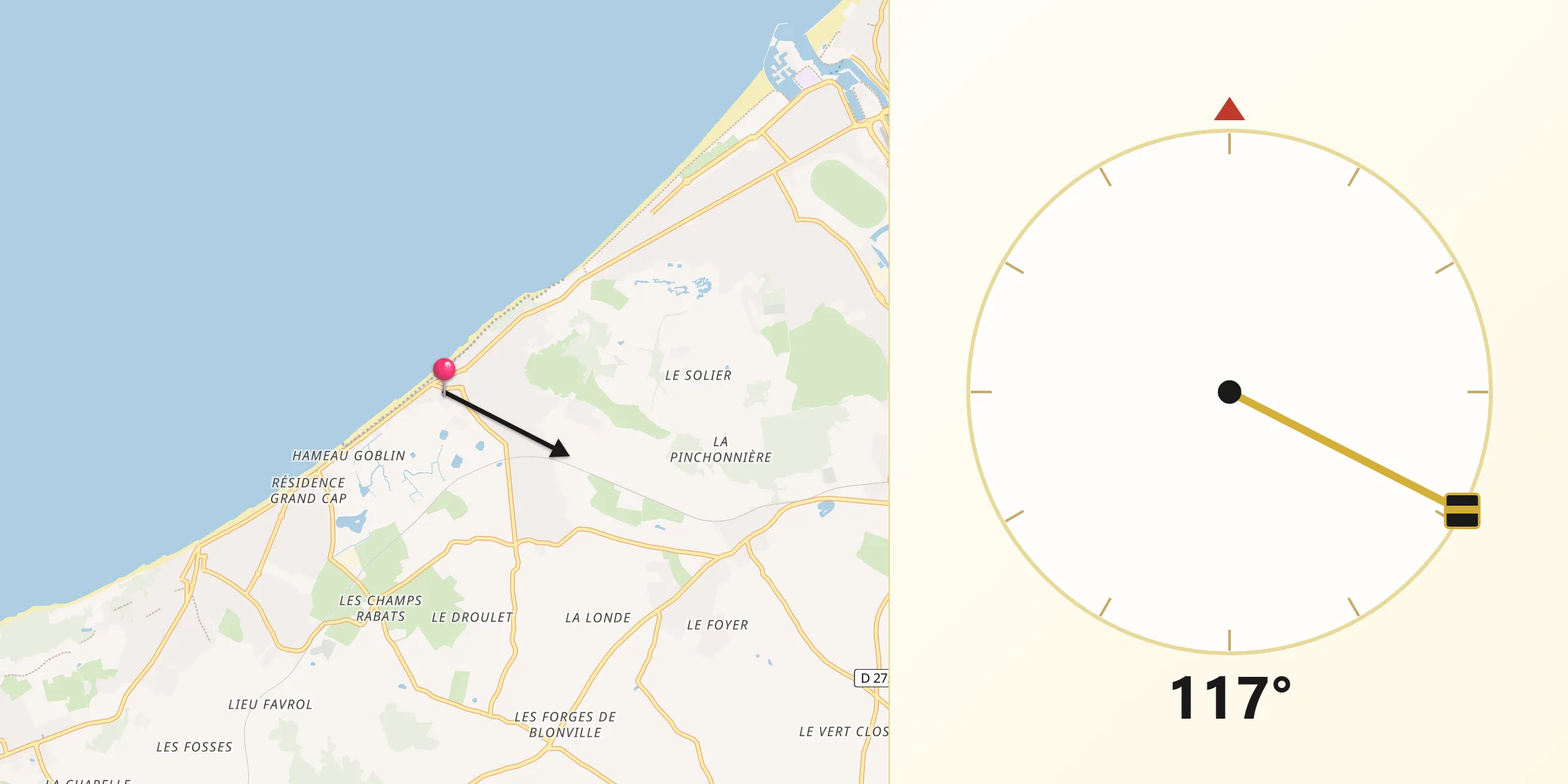 Direction vers la Qibla depuis Blonville-sur-Mer
