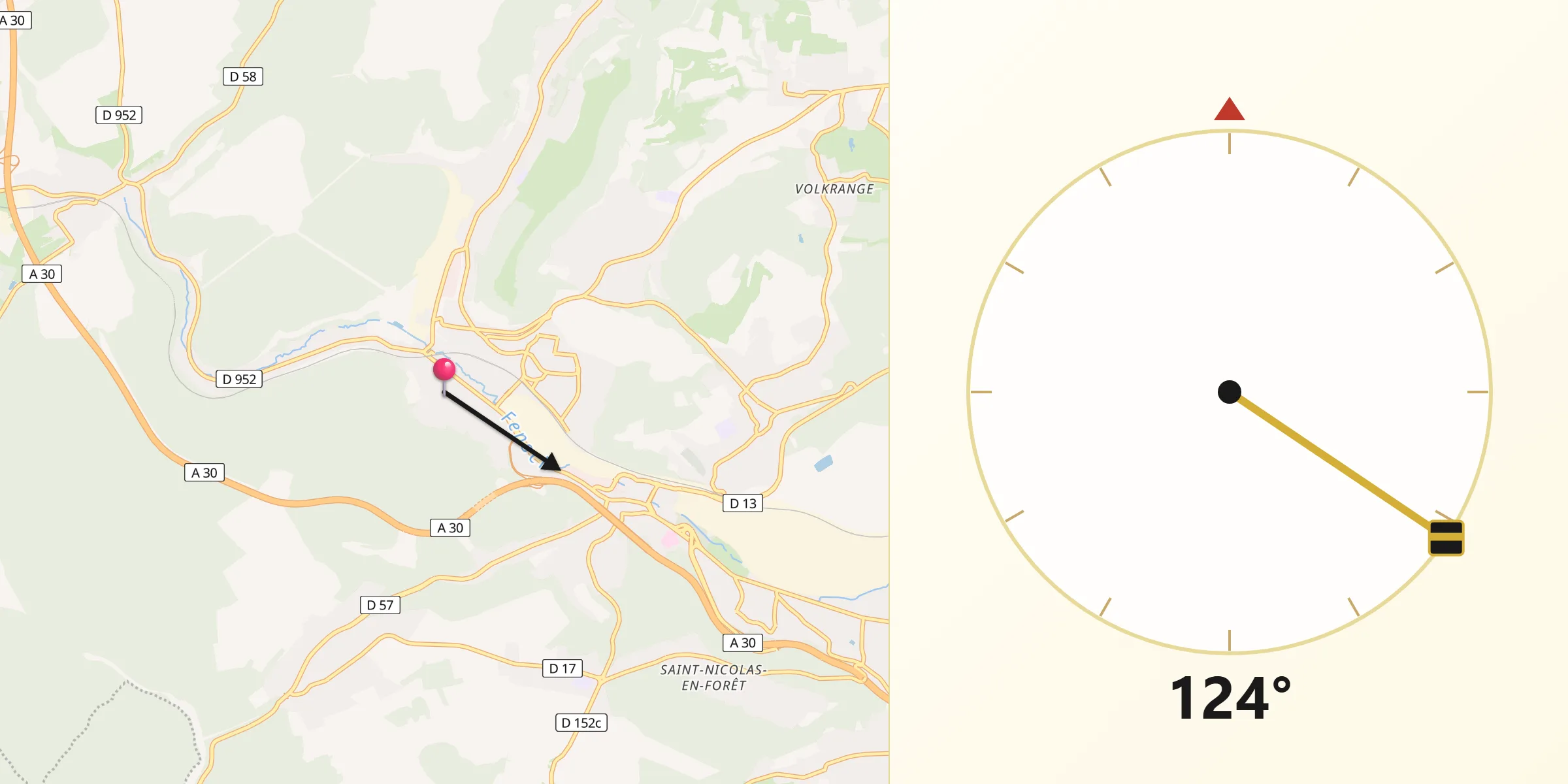 Direction vers la Qibla depuis Knutange