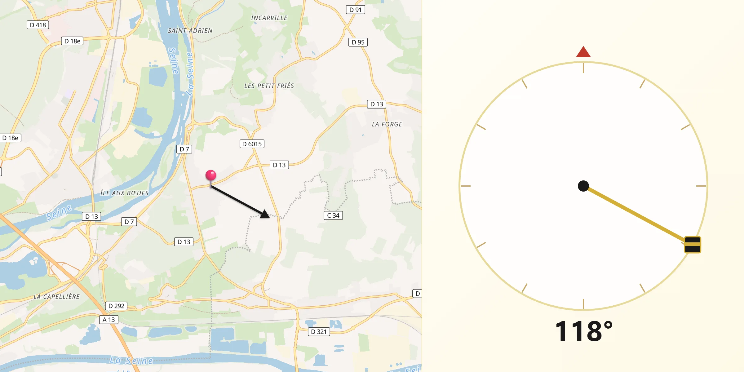 Direction vers la Qibla depuis Les Authieux-sur-le-Port-Saint-Ouen