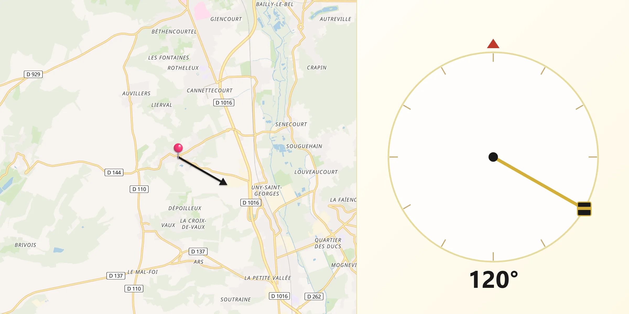 Direction vers la Qibla depuis Neuilly-sous-Clermont