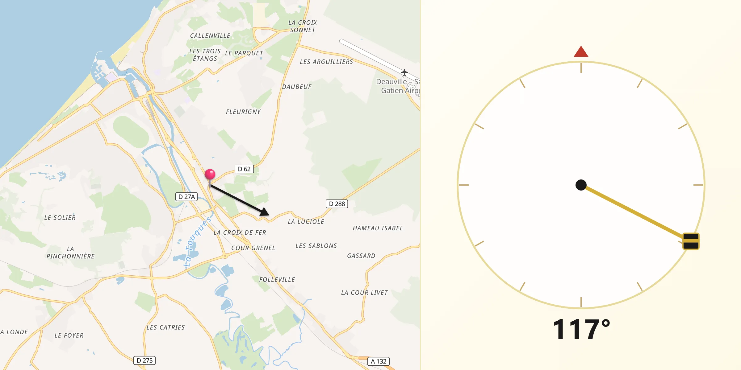 Direction vers la Qibla depuis Touques