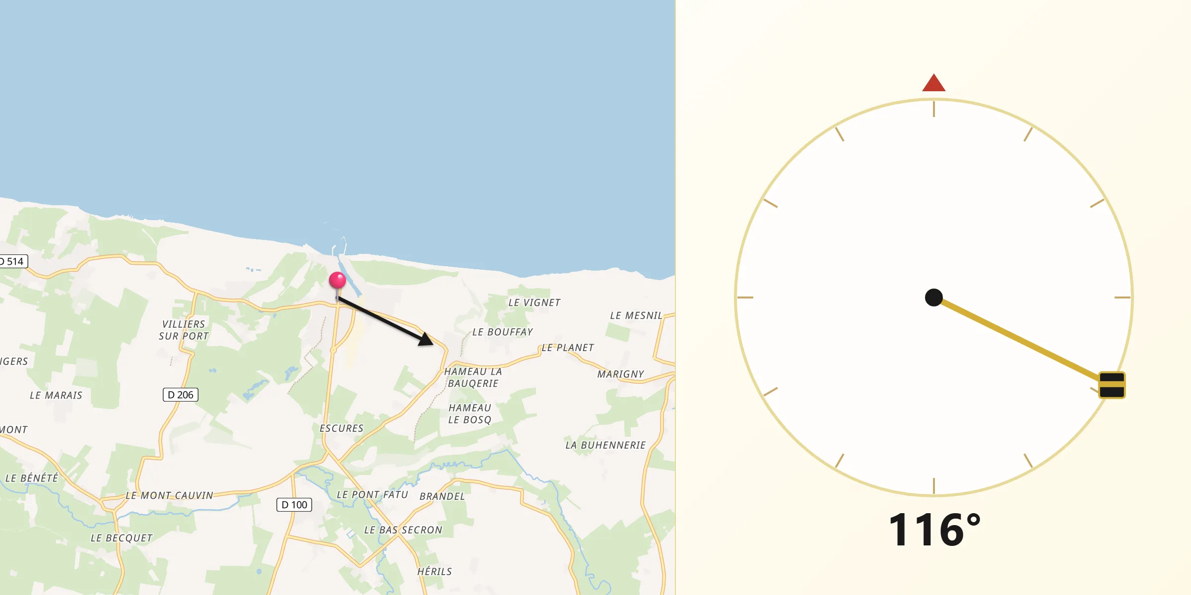 Direction vers la Qibla depuis Port-en-Bessin-Huppain