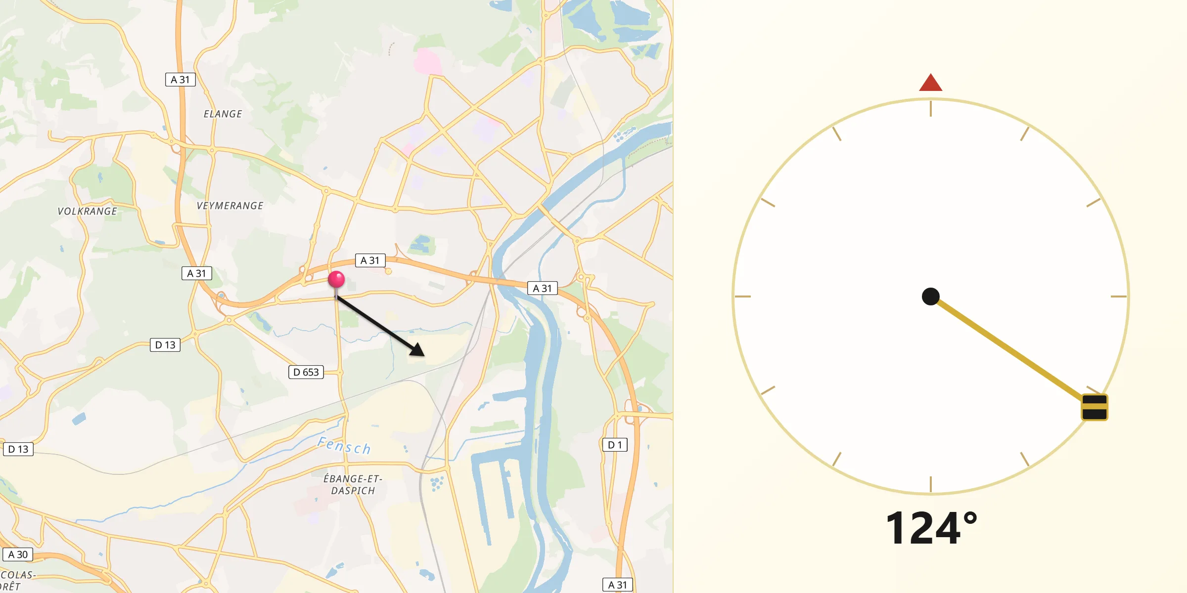 Direction vers la Qibla depuis Terville