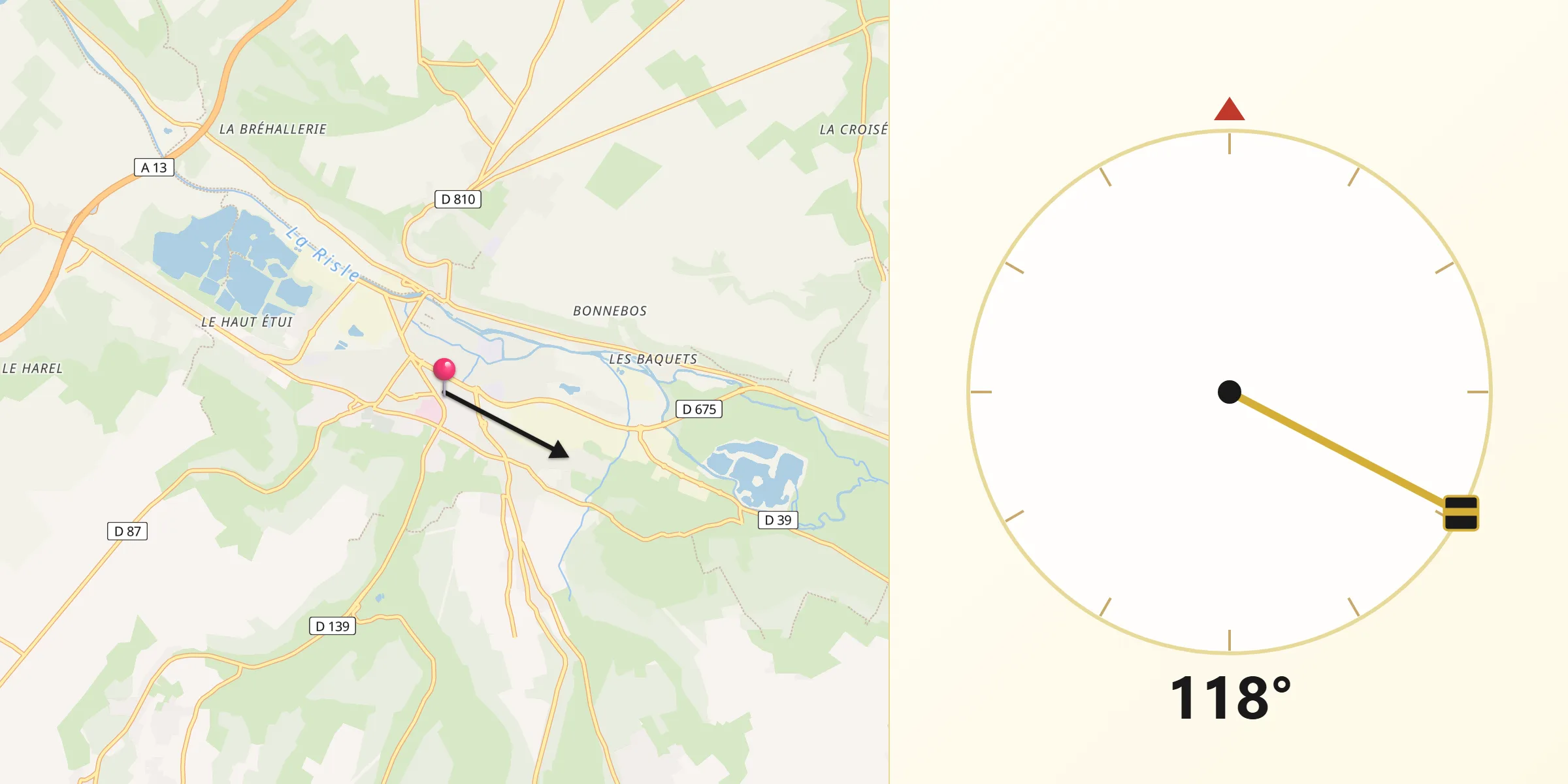 Direction vers la Qibla depuis Pont-Audemer