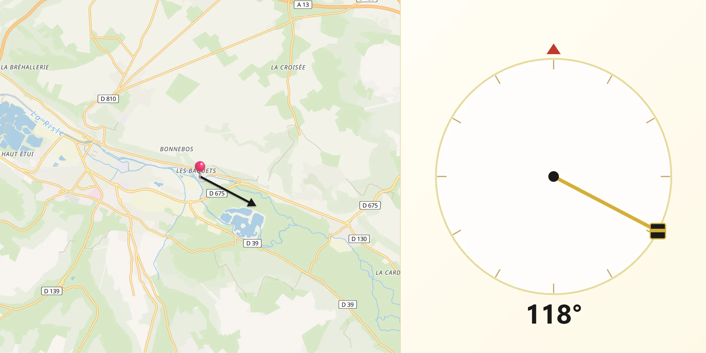 Direction vers la Qibla depuis Manneville-sur-Risle