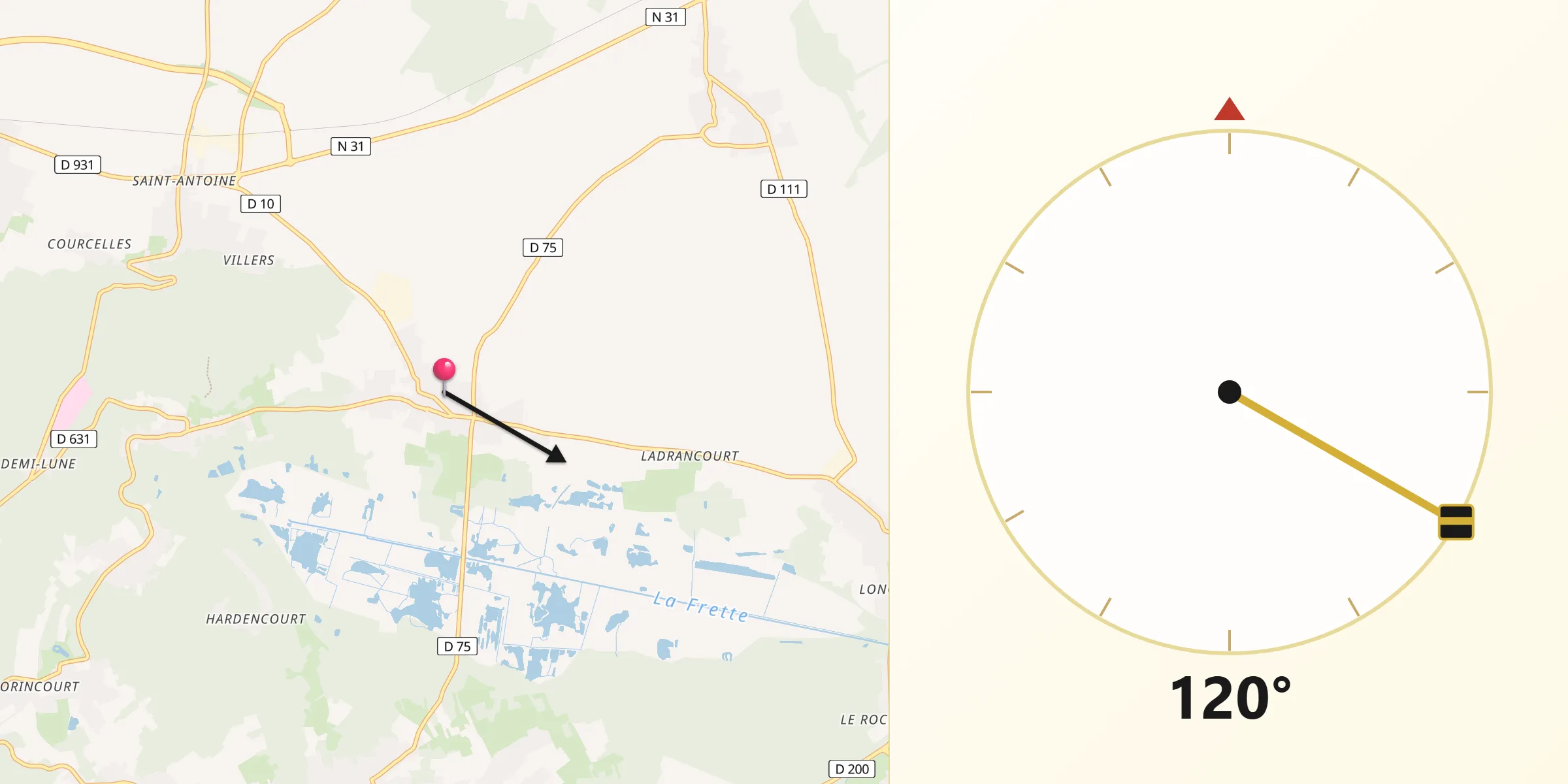 Direction vers la Qibla depuis Sacy-le-Grand
