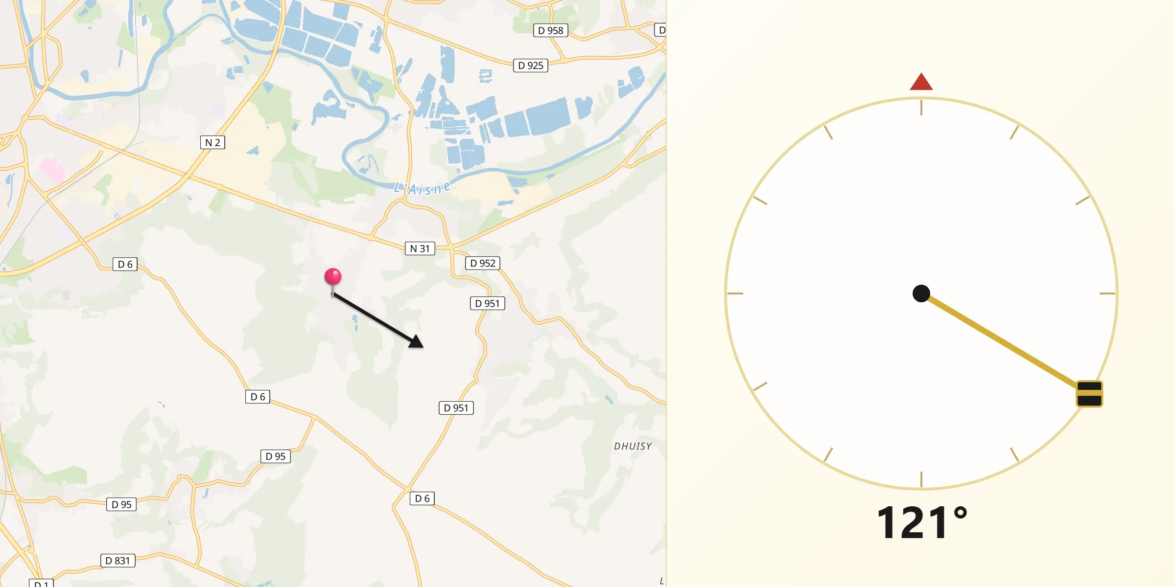 Direction vers la Qibla depuis Billy-sur-Aisne