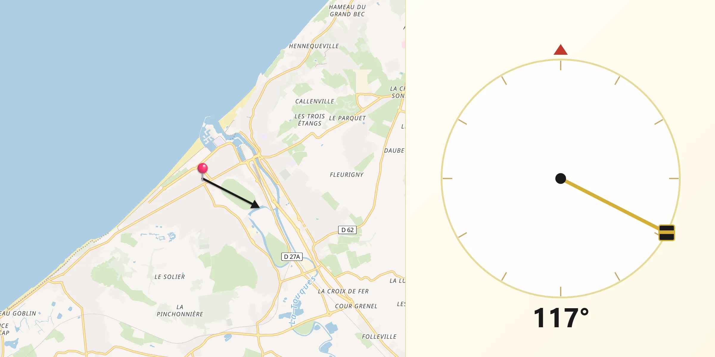 Direction vers la Qibla depuis Deauville