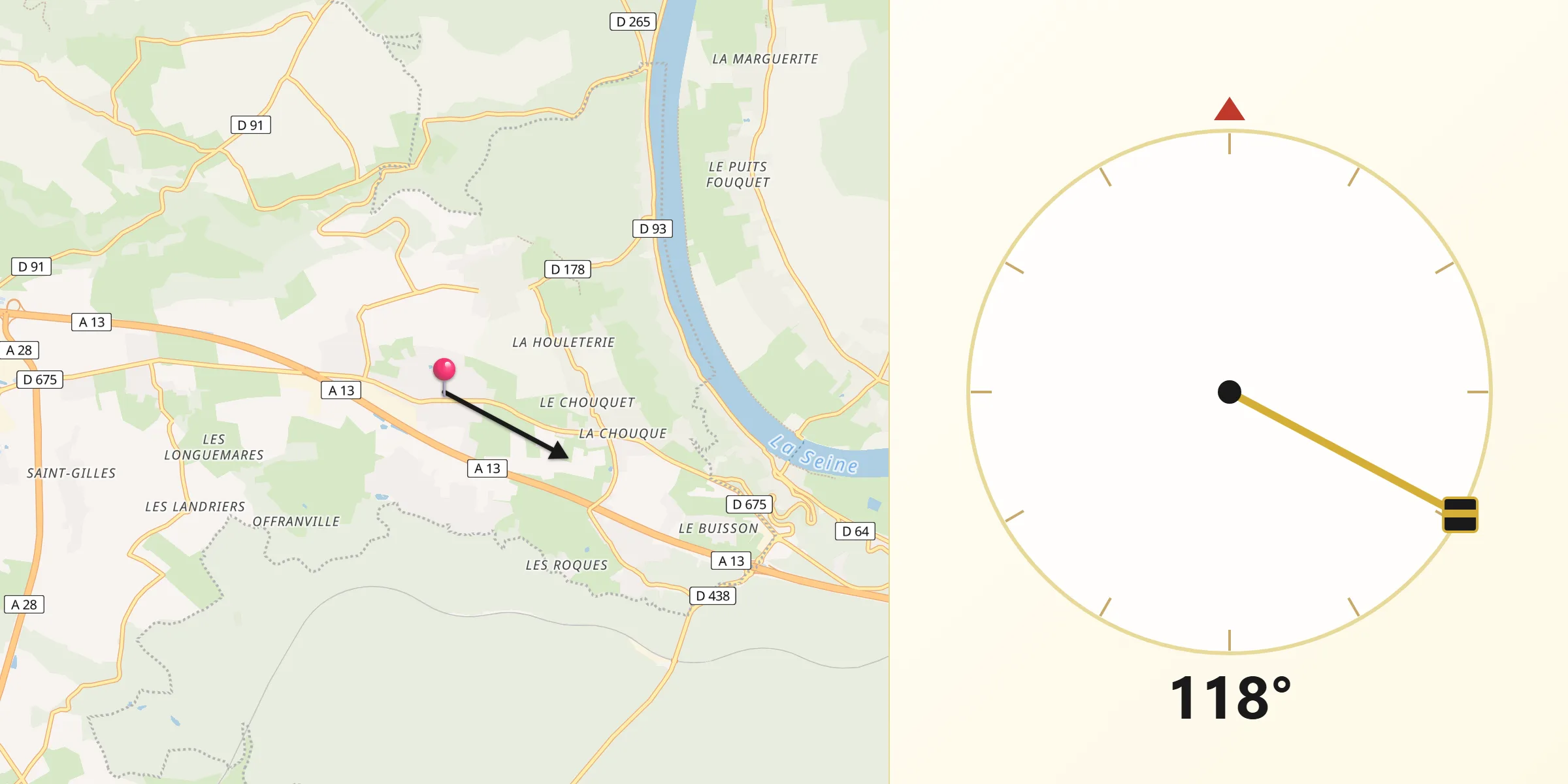 Direction vers la Qibla depuis Saint-Ouen-de-Thouberville