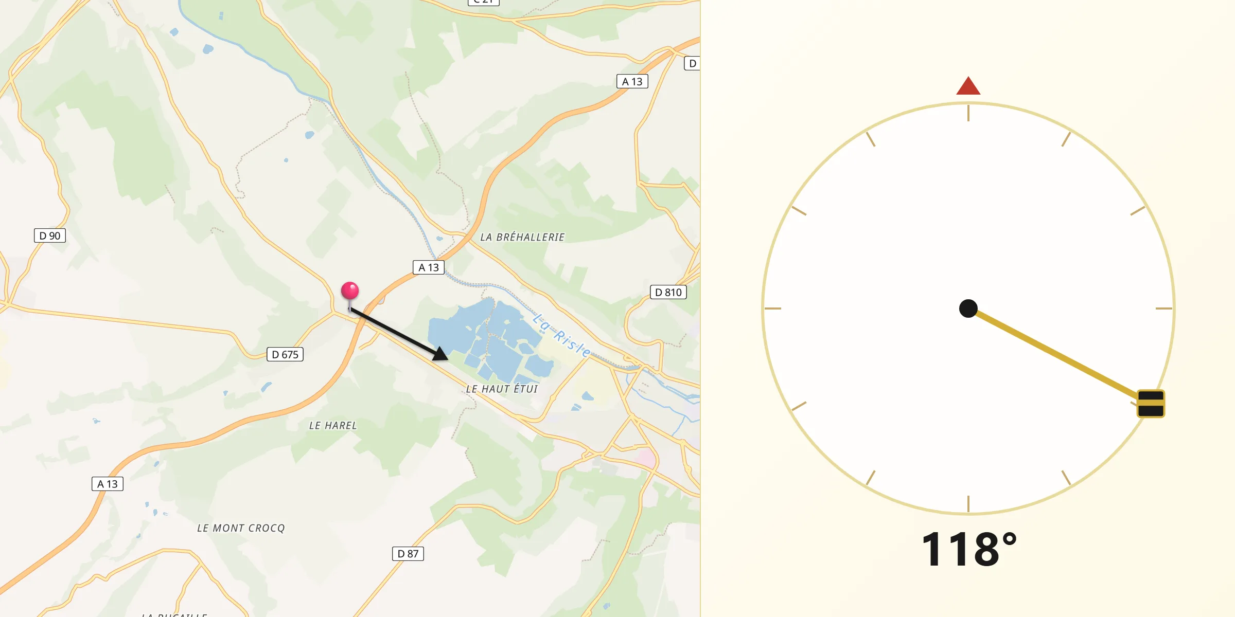 Direction vers la Qibla depuis Toutainville