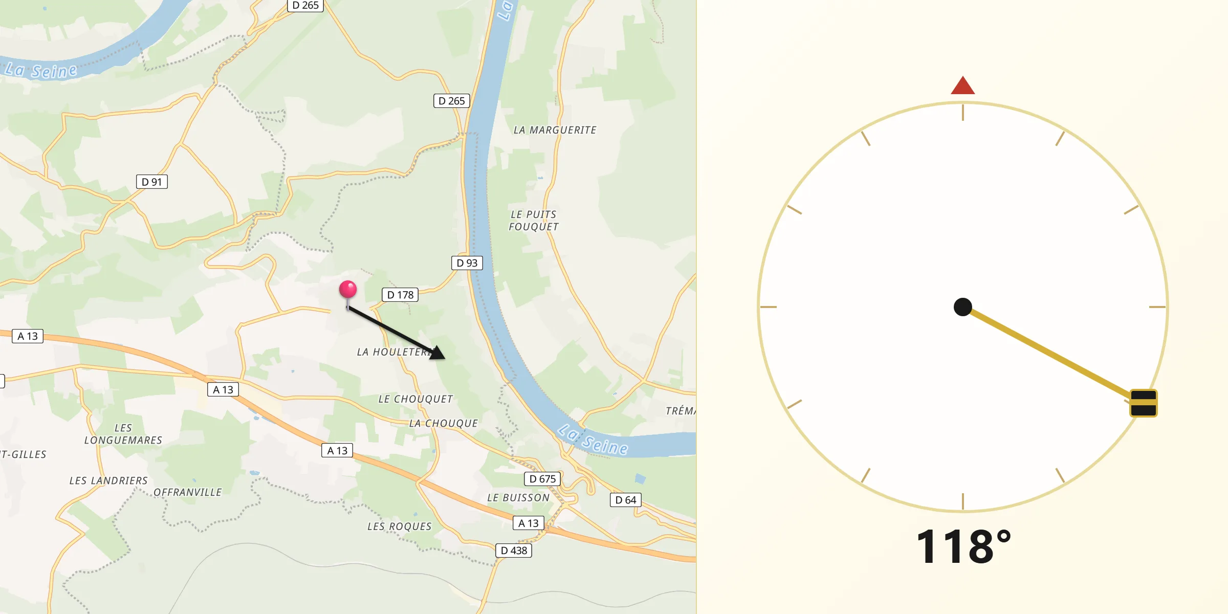 Direction vers la Qibla depuis Caumont