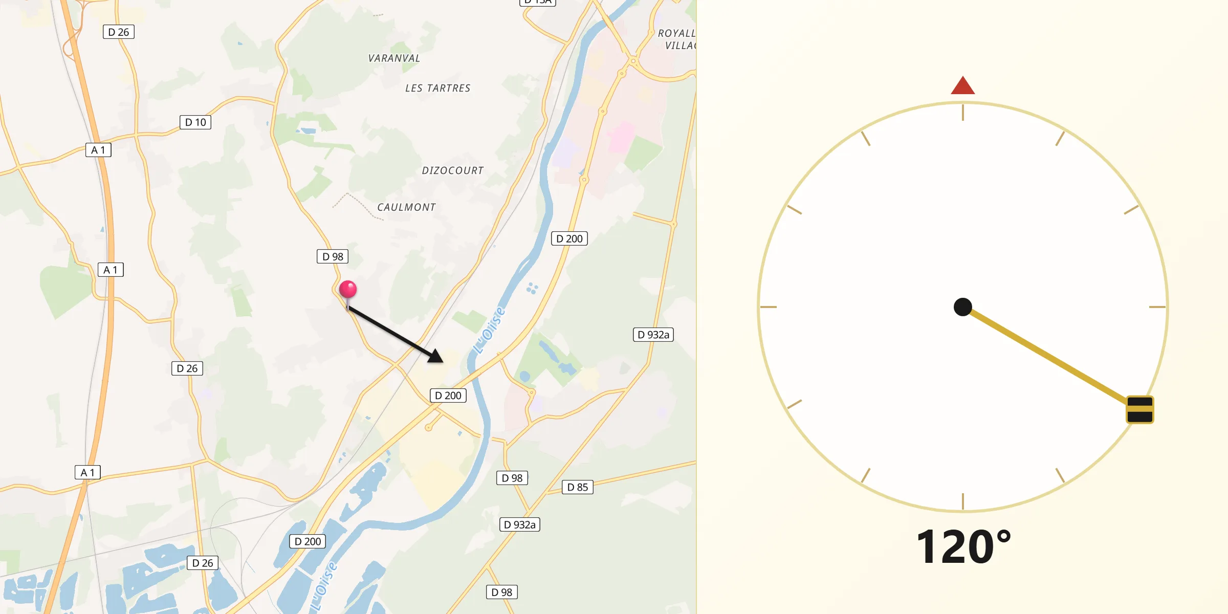 Direction vers la Qibla depuis Le Meux