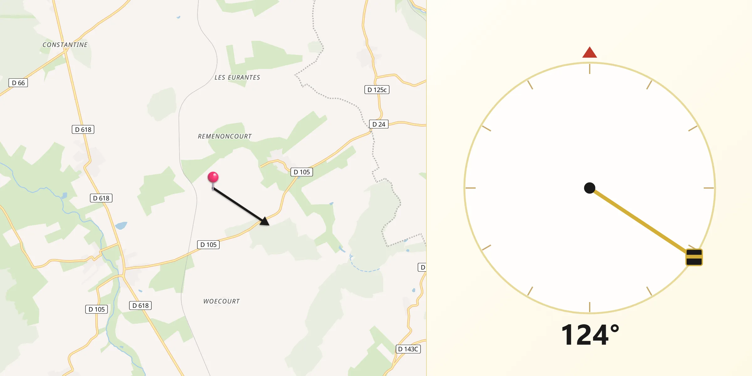 Direction vers la Qibla depuis Saint-Pierrevillers