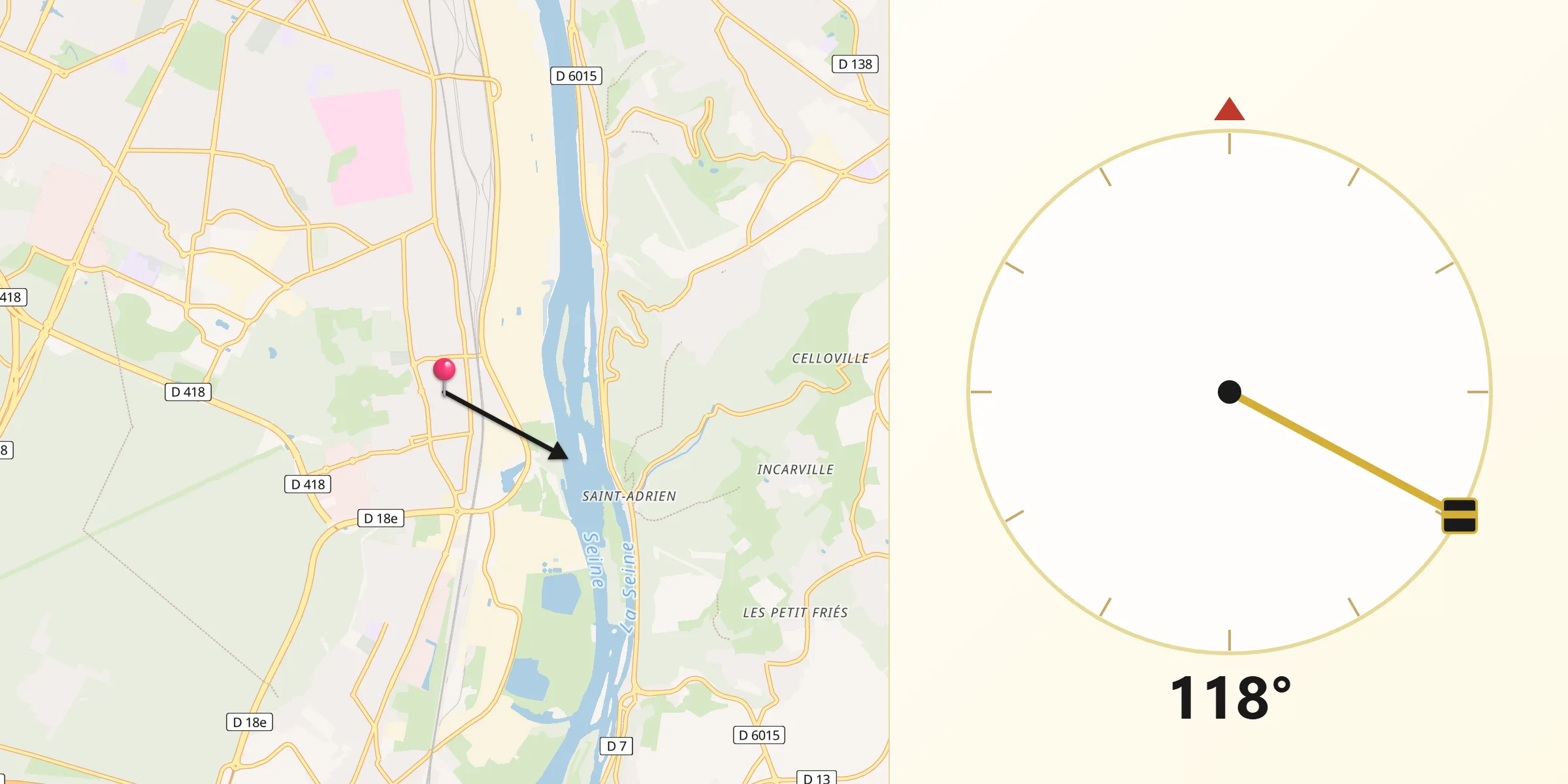 Direction vers la Qibla depuis Saint-Étienne-du-Rouvray
