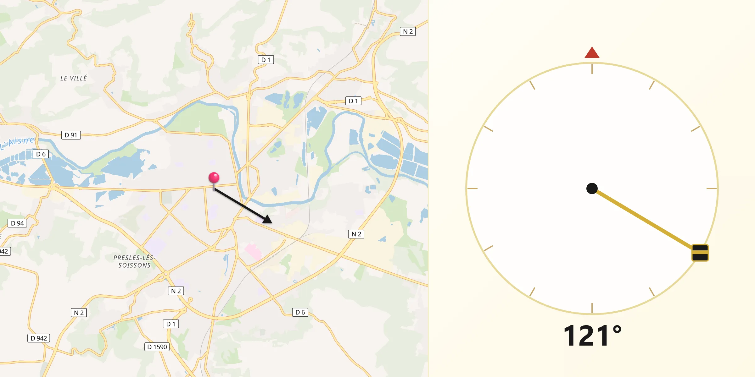 Direction vers la Qibla depuis Soissons