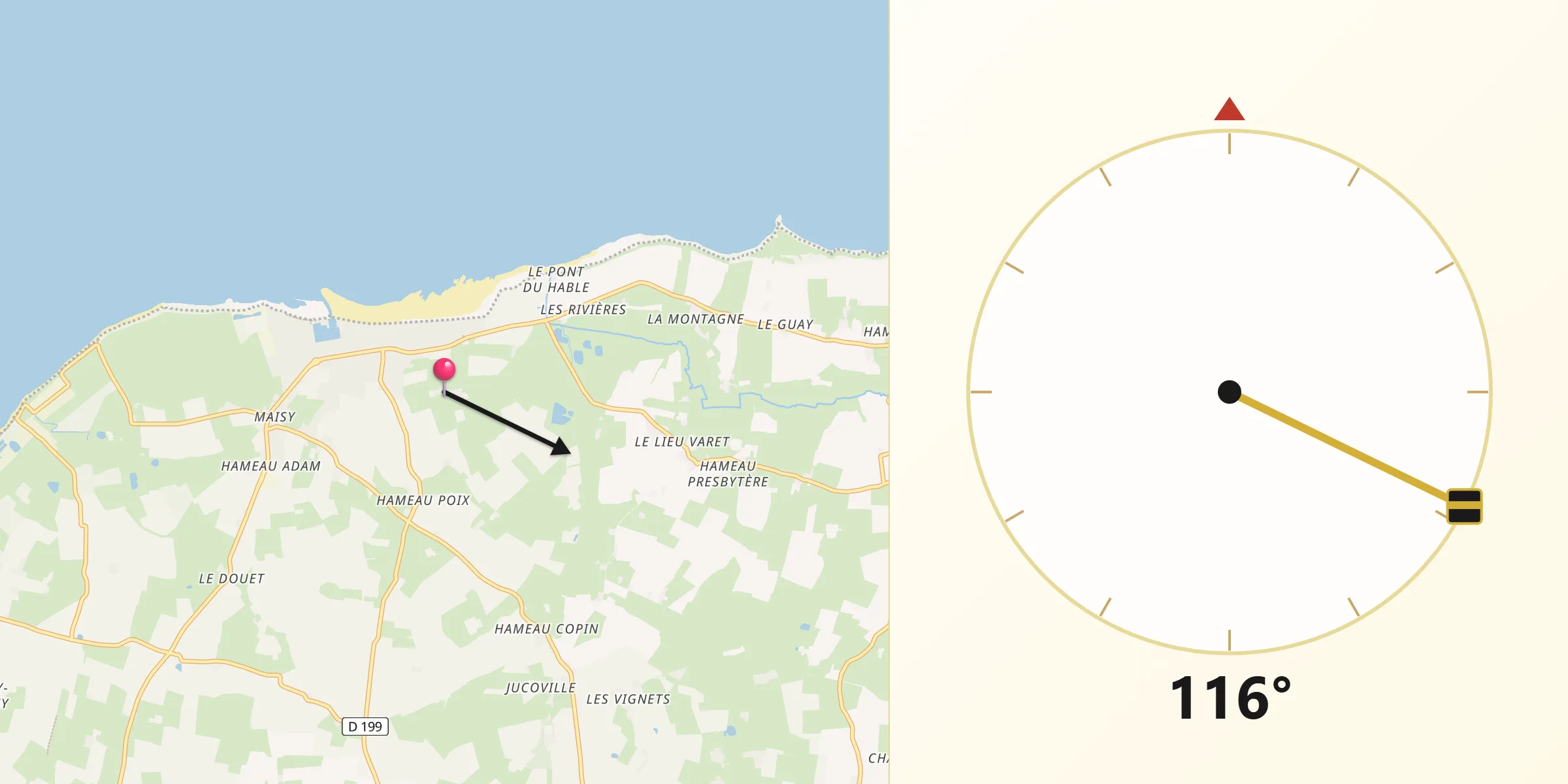 Direction vers la Qibla depuis Grandcamp-Maisy
