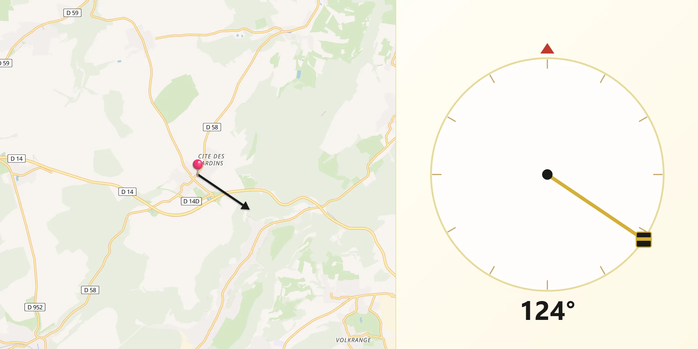 Direction vers la Qibla depuis Angevillers