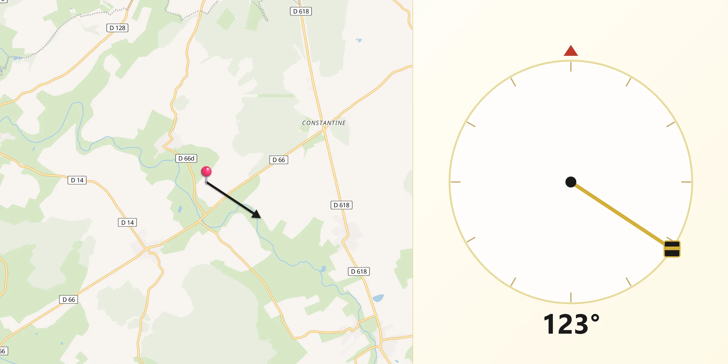Direction vers la Qibla depuis Rouvrois-sur-Othain