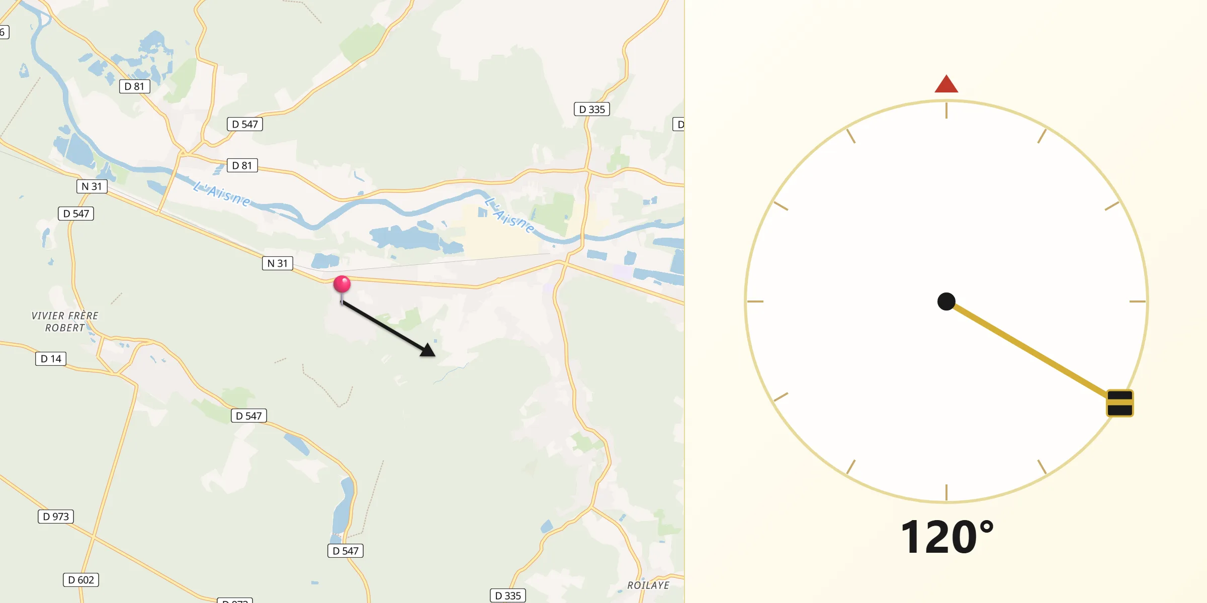 Direction vers la Qibla depuis Trosly-Breuil