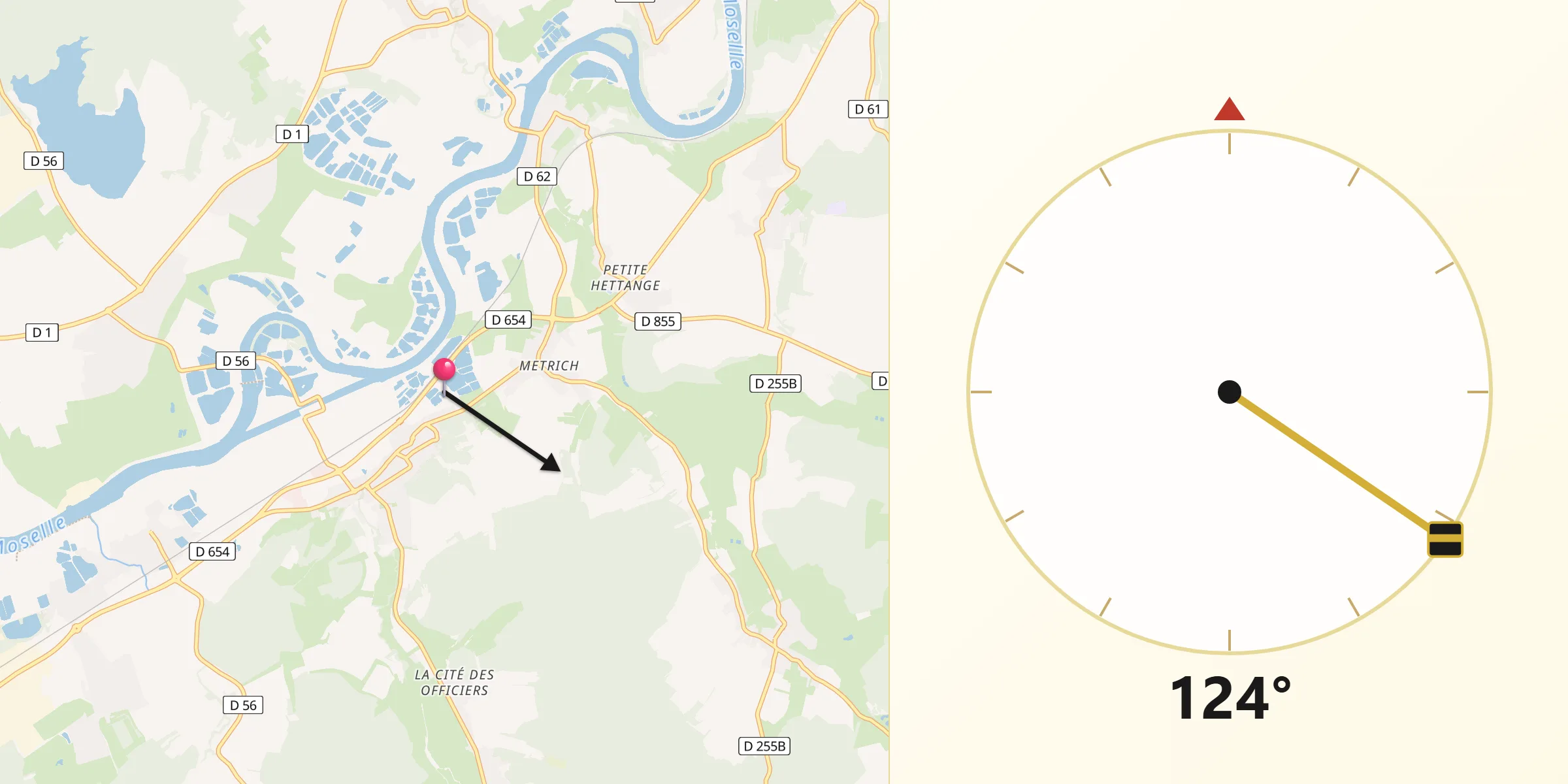 Direction vers la Qibla depuis Kœnigsmacker
