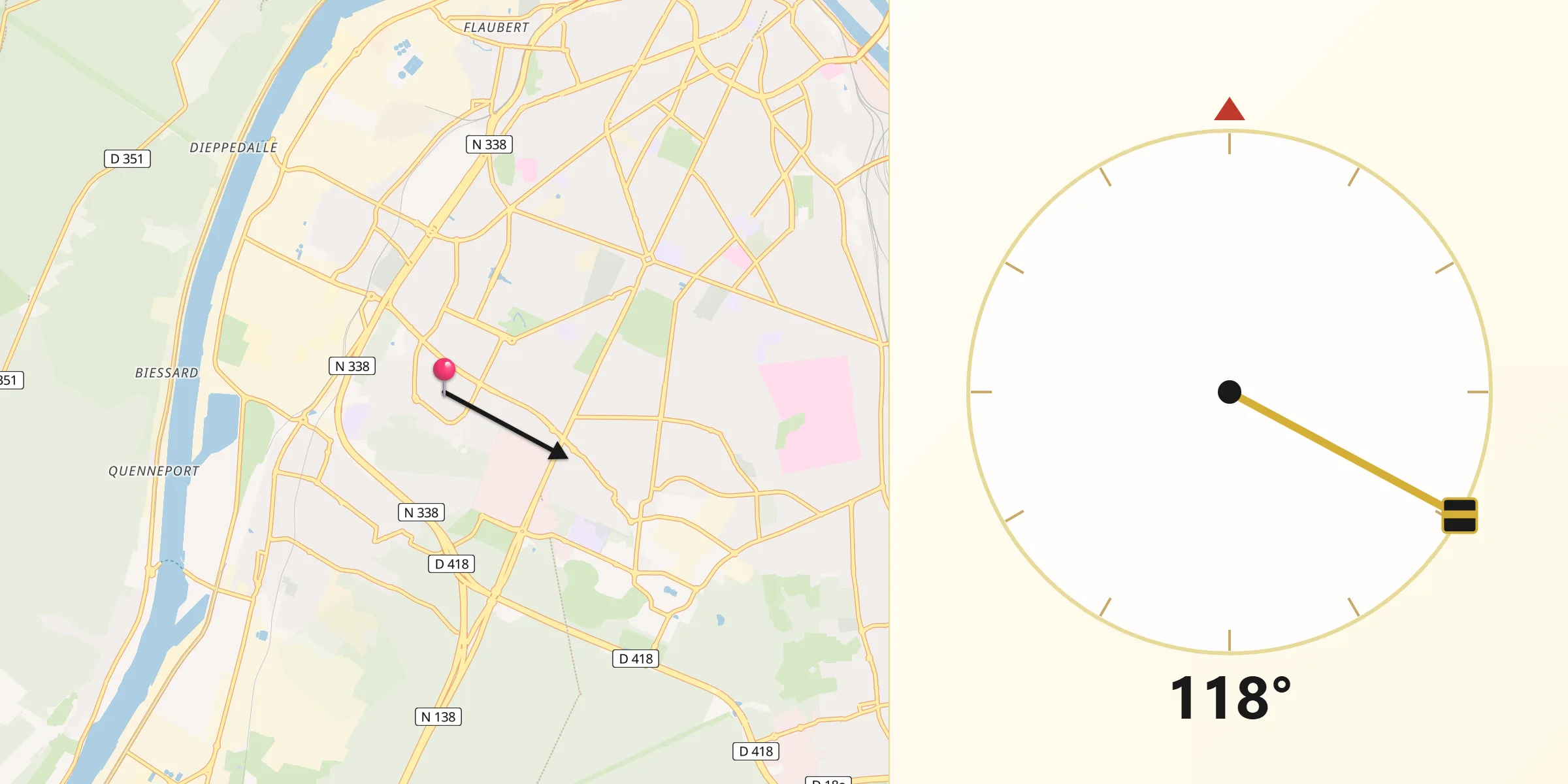 Direction vers la Qibla depuis Le Grand-Quevilly