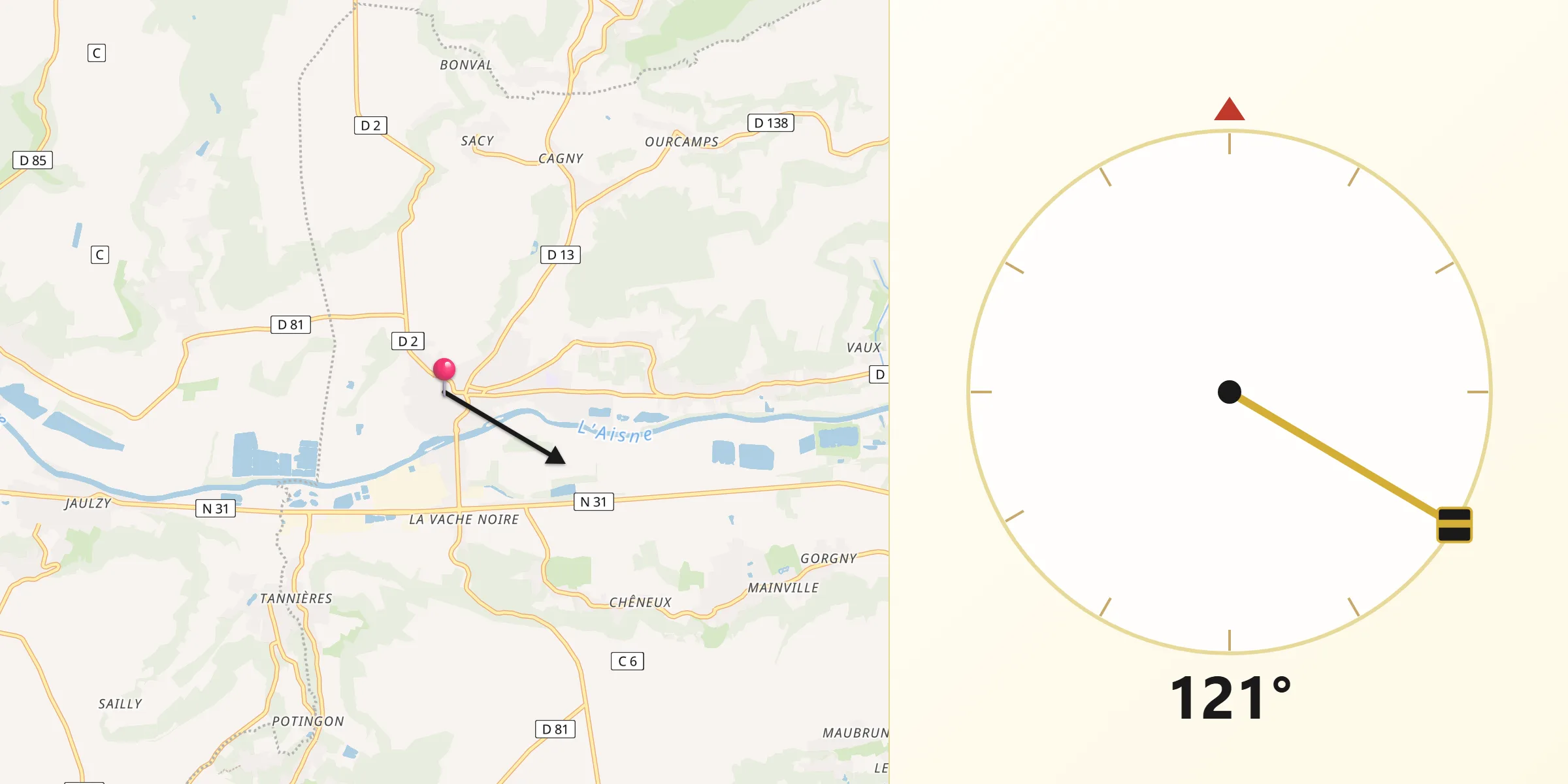 Direction vers la Qibla depuis Vic-sur-Aisne