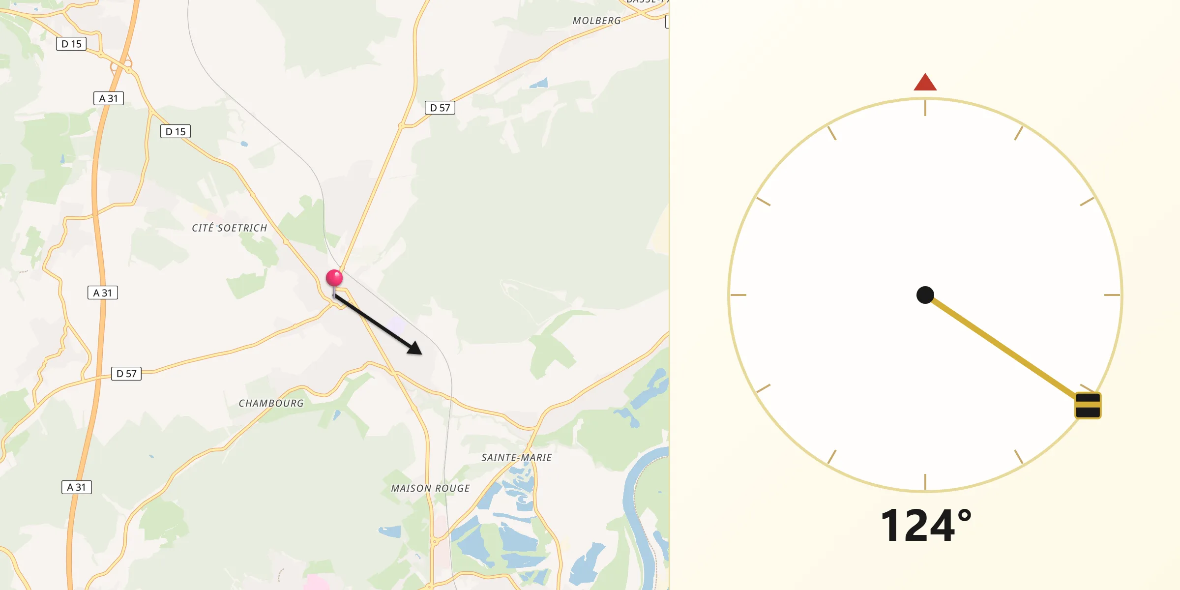 Direction vers la Qibla depuis Hettange-Grande