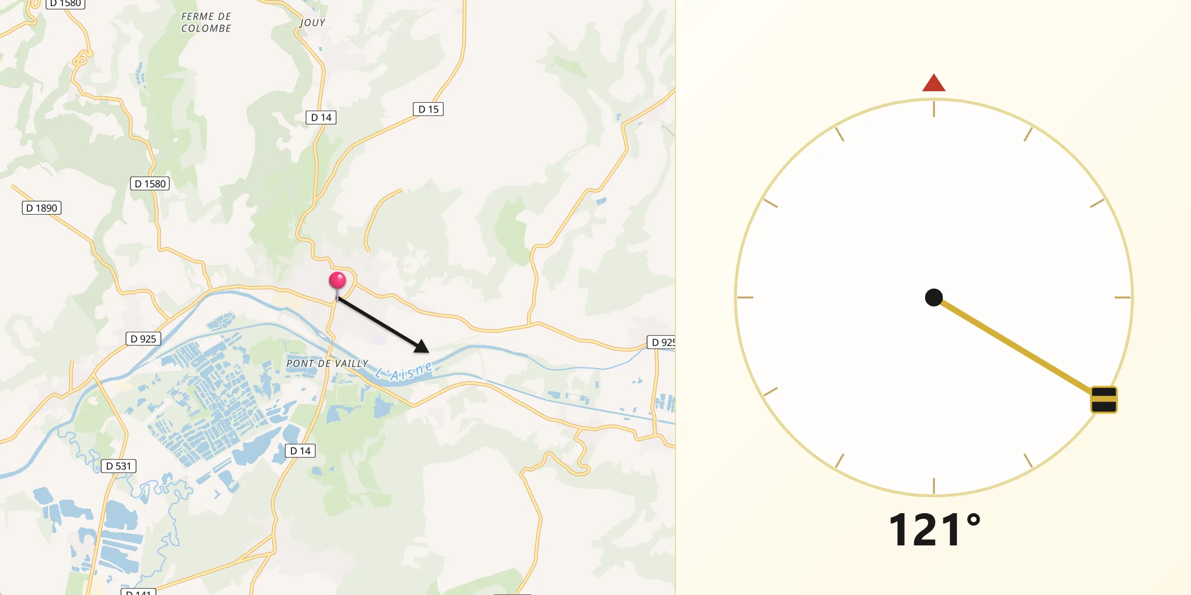 Direction vers la Qibla depuis Vailly-sur-Aisne