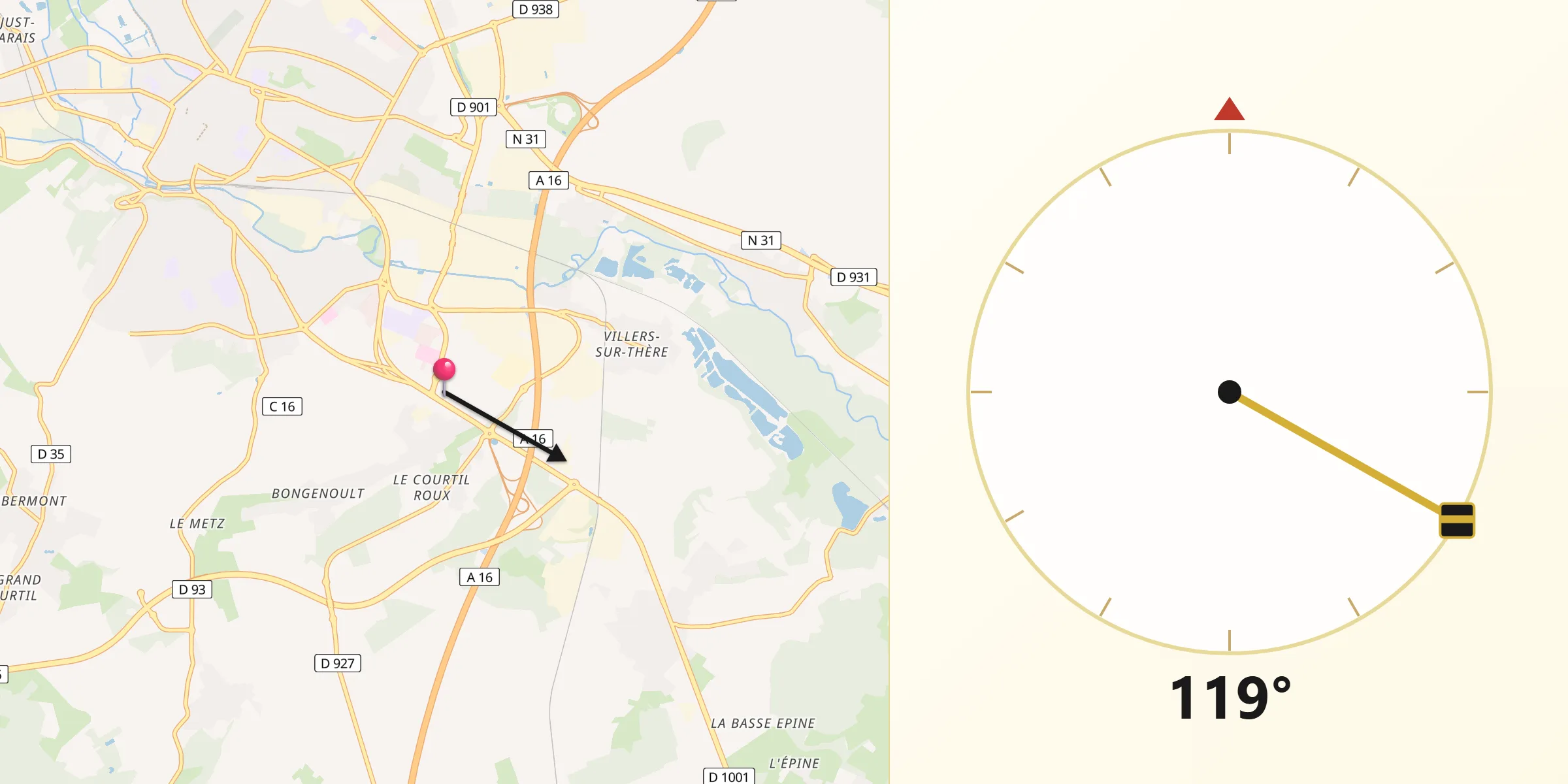 Direction vers la Qibla depuis Allonne