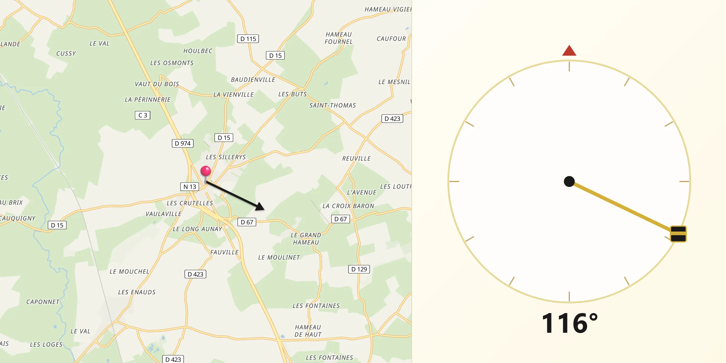 Direction vers la Qibla depuis Sainte-Mère-Église