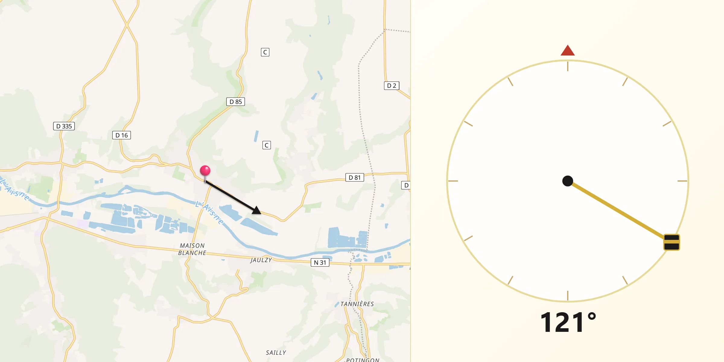 Direction vers la Qibla depuis Attichy