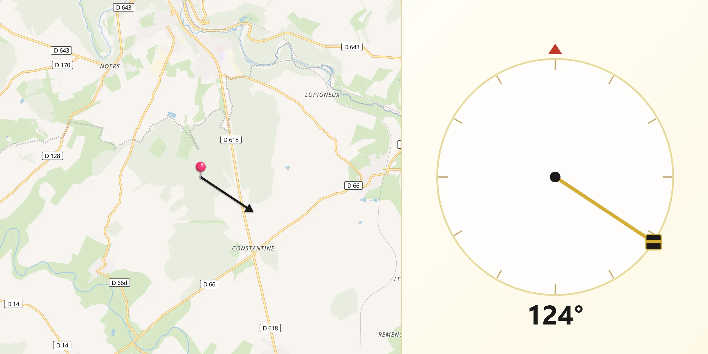 Direction vers la Qibla depuis Arrancy-sur-Crusnes
