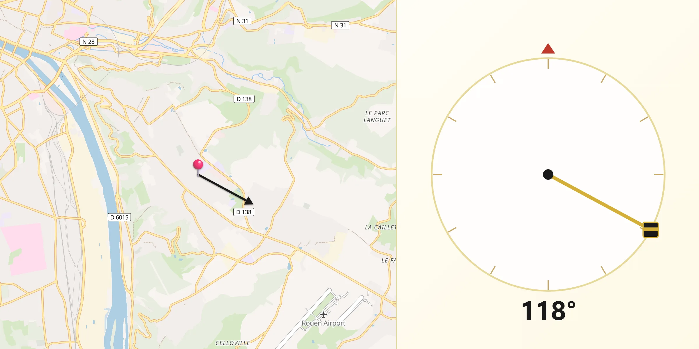 Direction vers la Qibla depuis Le Mesnil-Esnard