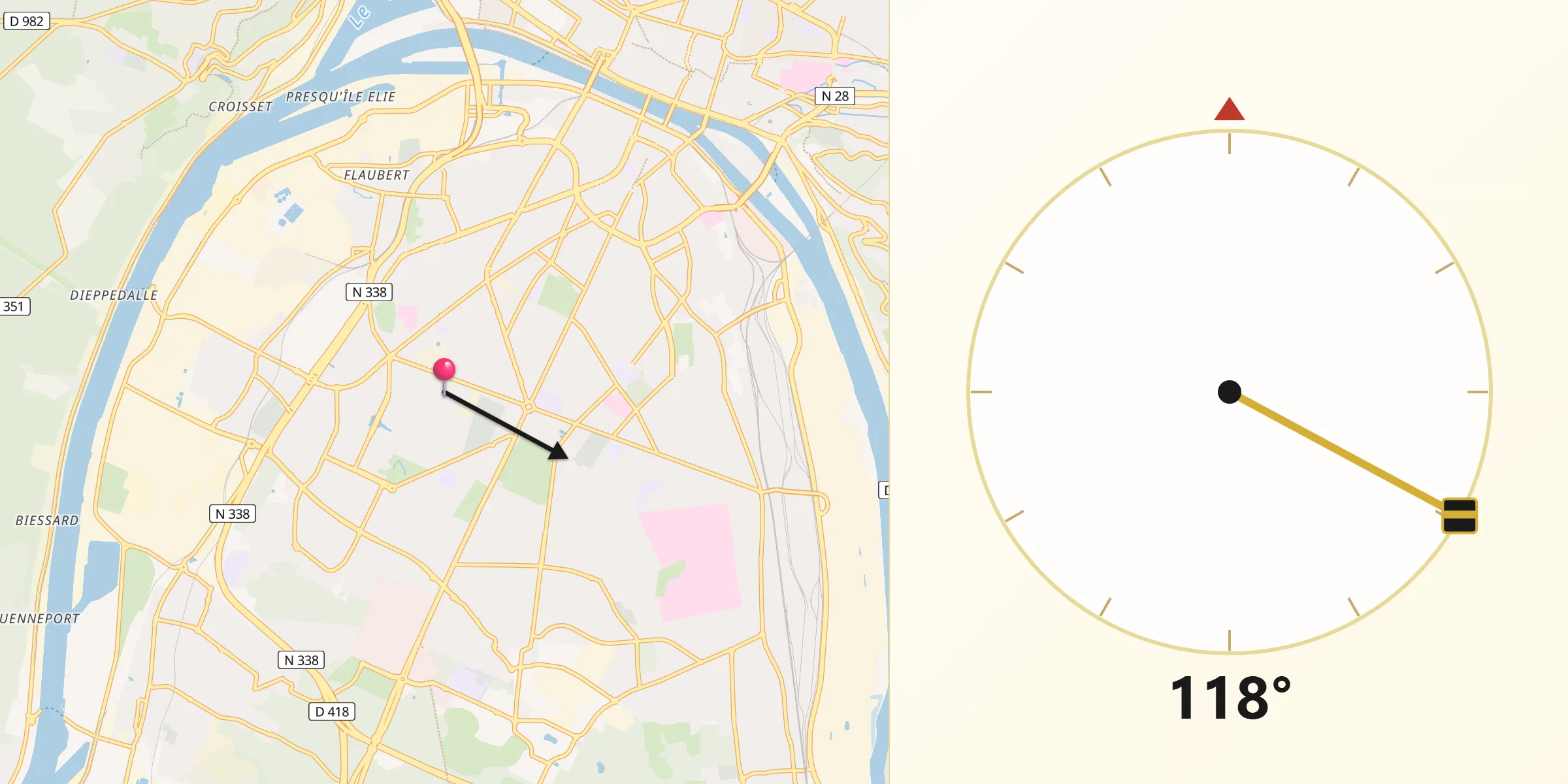 Direction vers la Qibla depuis Le Petit-Quevilly