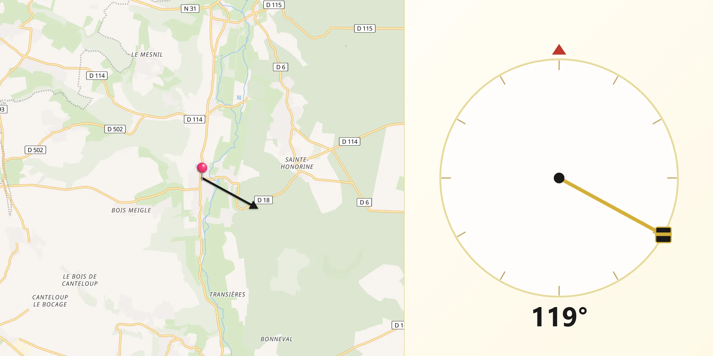 Direction vers la Qibla depuis Perriers-sur-Andelle
