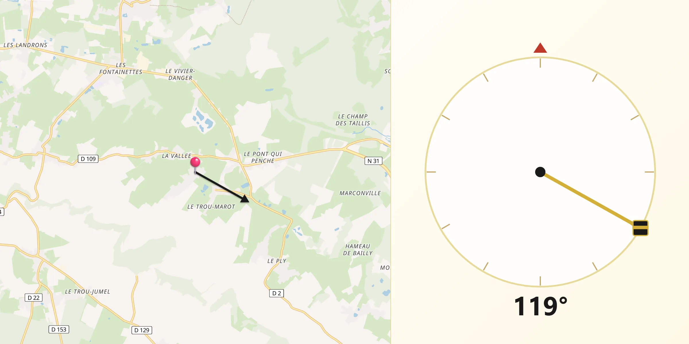 Direction vers la Qibla depuis Ons-en-Bray