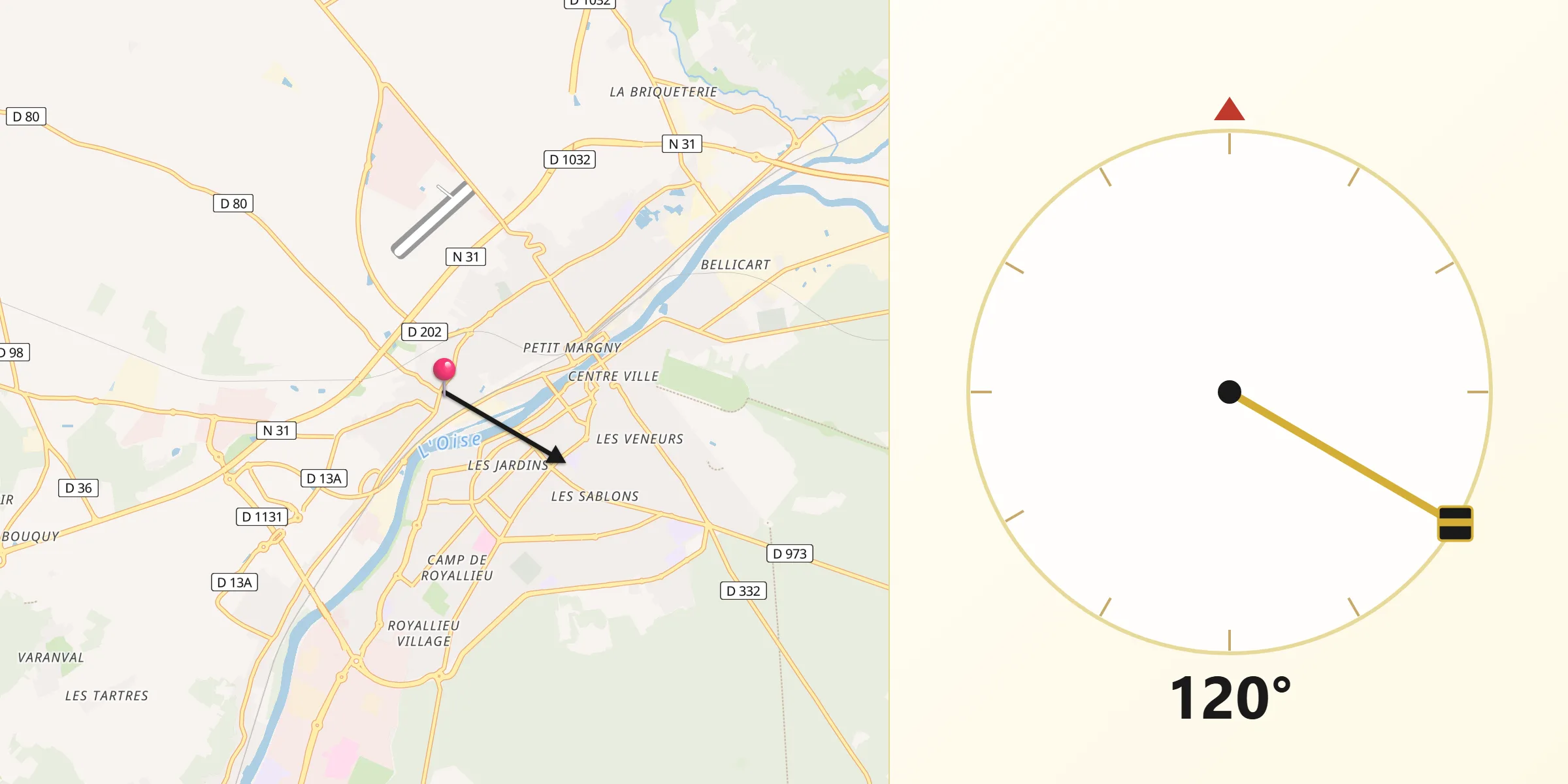 Direction vers la Qibla depuis Venette