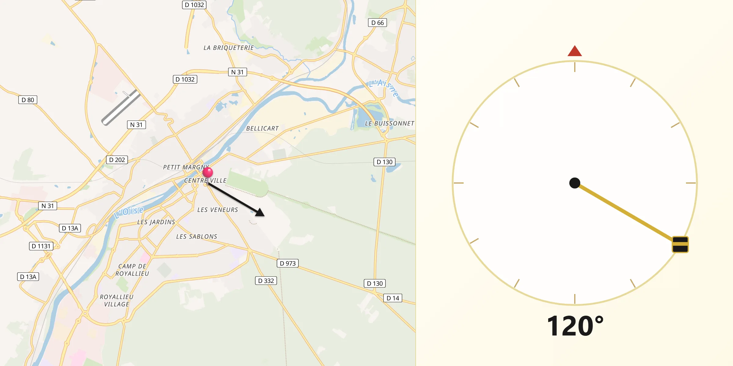 Direction vers la Qibla depuis Compiègne