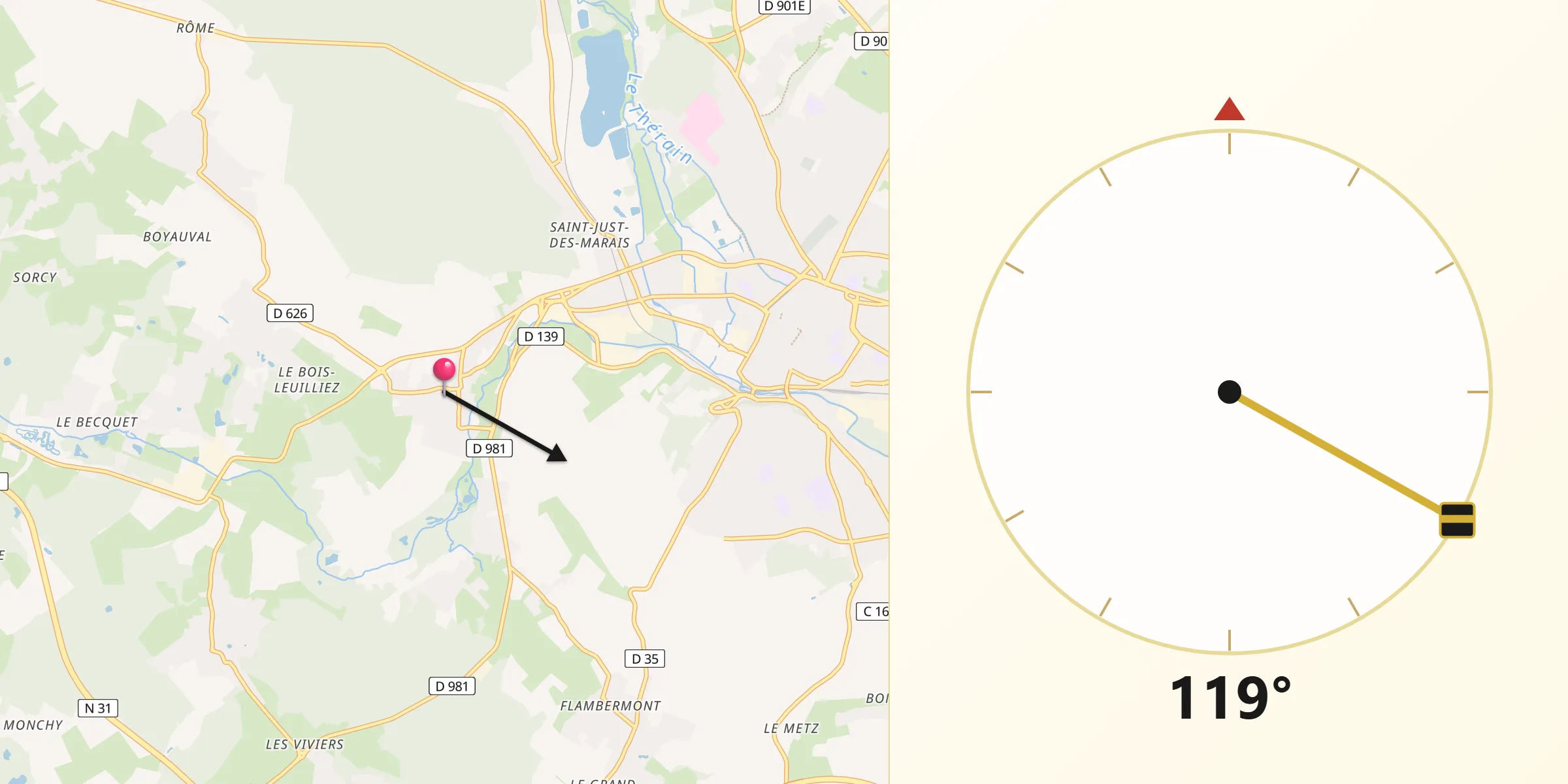 Direction vers la Qibla depuis Goincourt
