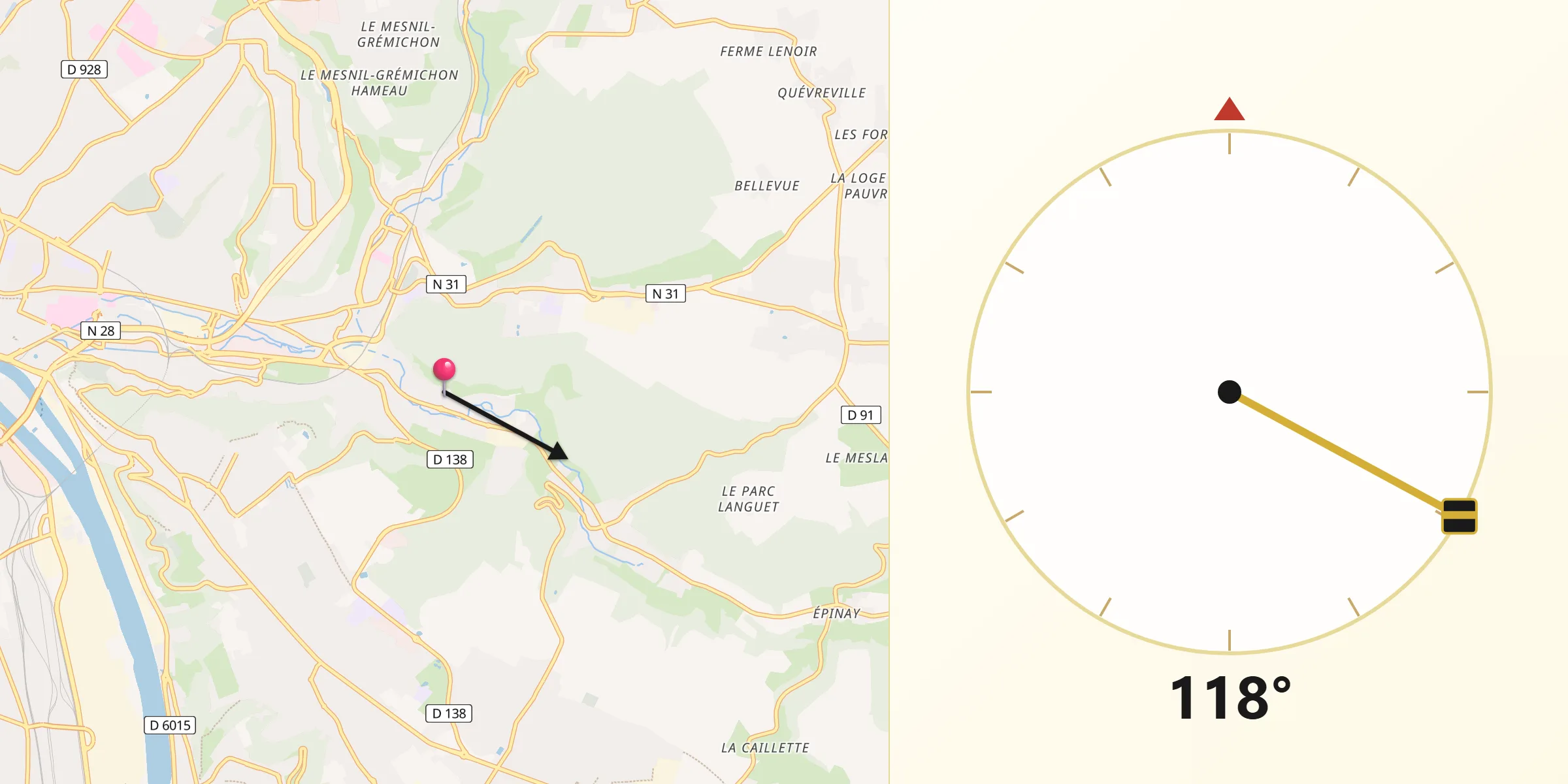Direction vers la Qibla depuis Saint-Léger-du-Bourg-Denis