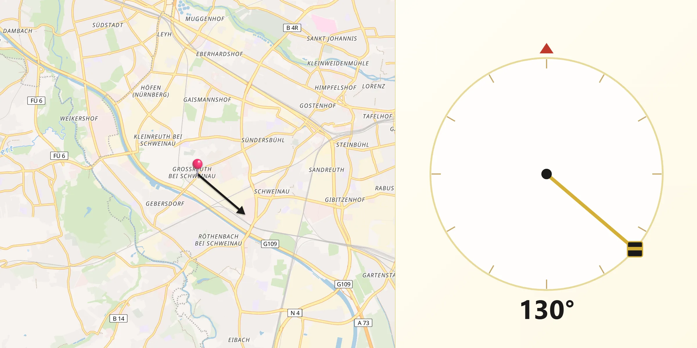 Qibla-Richtung von Großreuth bei Schweinau