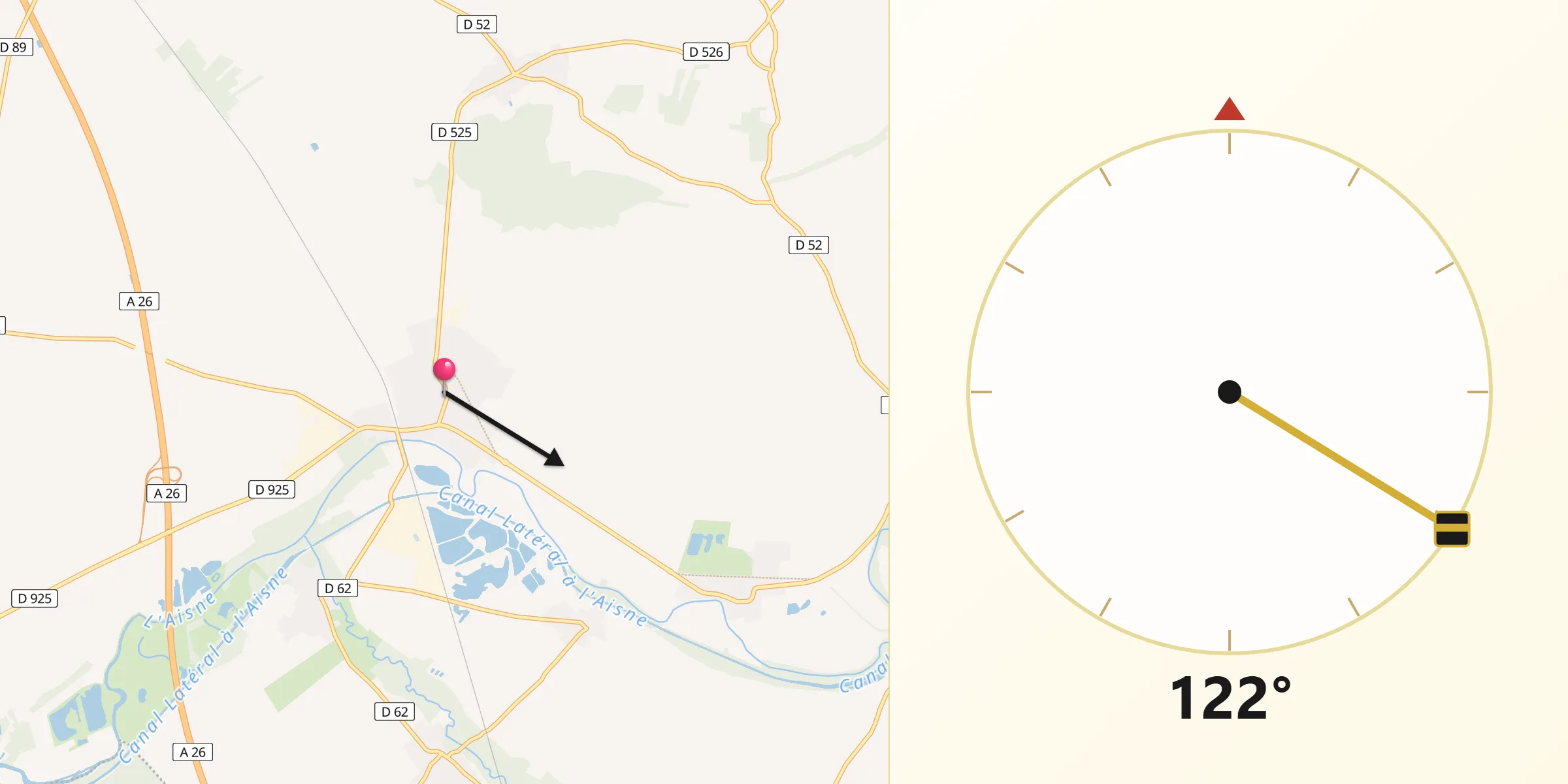 Direction vers la Qibla depuis Guignicourt