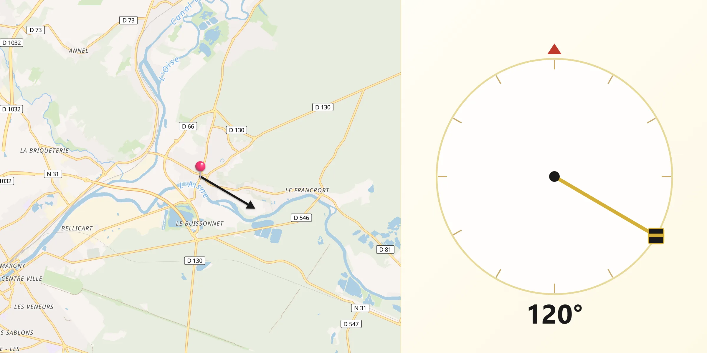 Direction vers la Qibla depuis Choisy-au-Bac