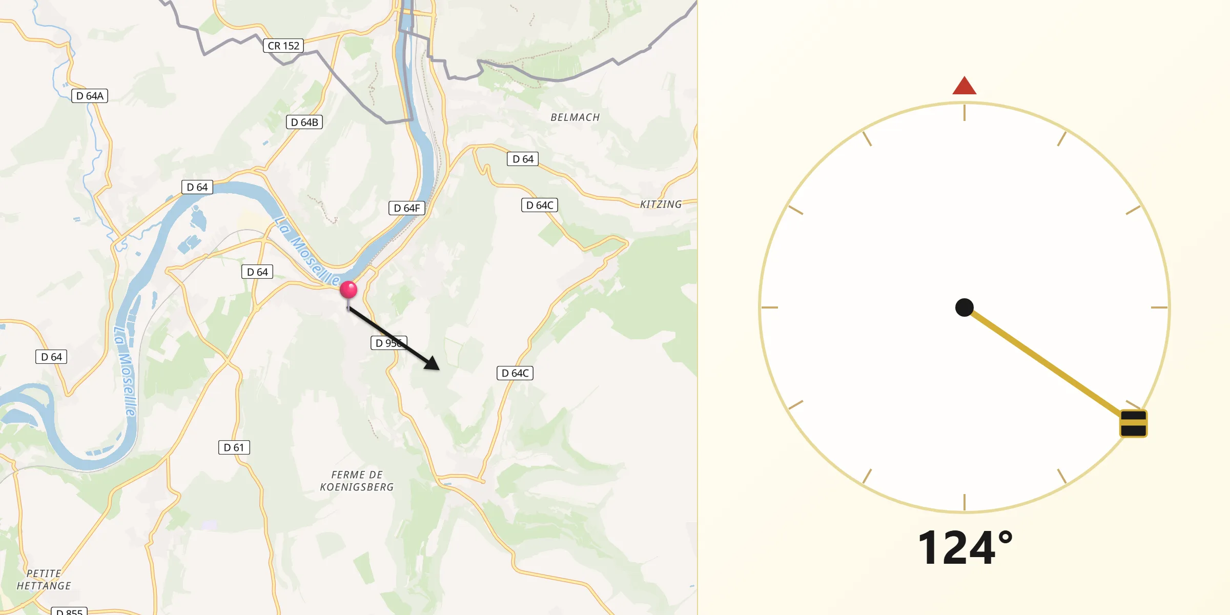 Direction vers la Qibla depuis Sierck-les-Bains