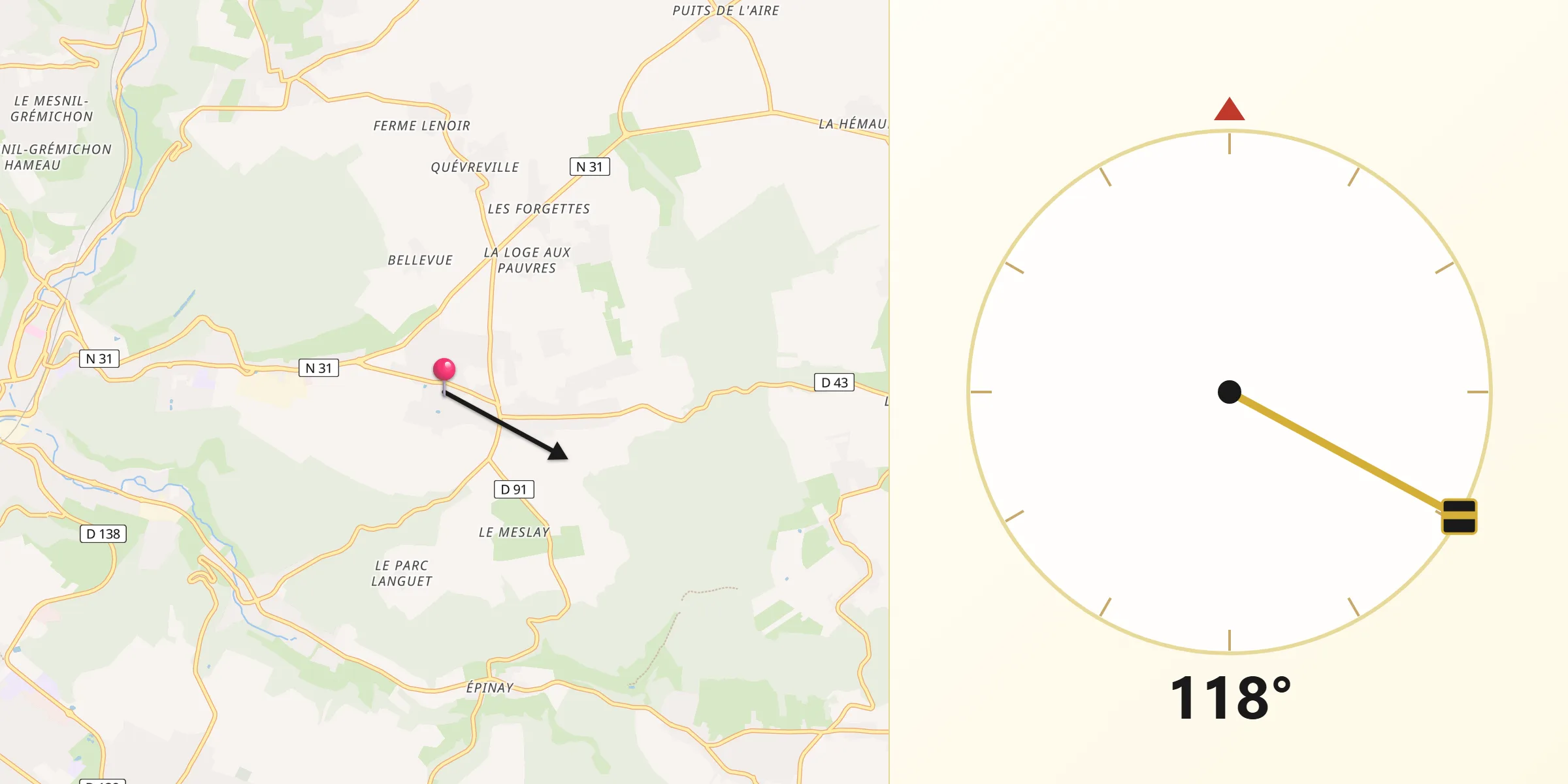 Direction vers la Qibla depuis Saint-Jacques-sur-Darnétal