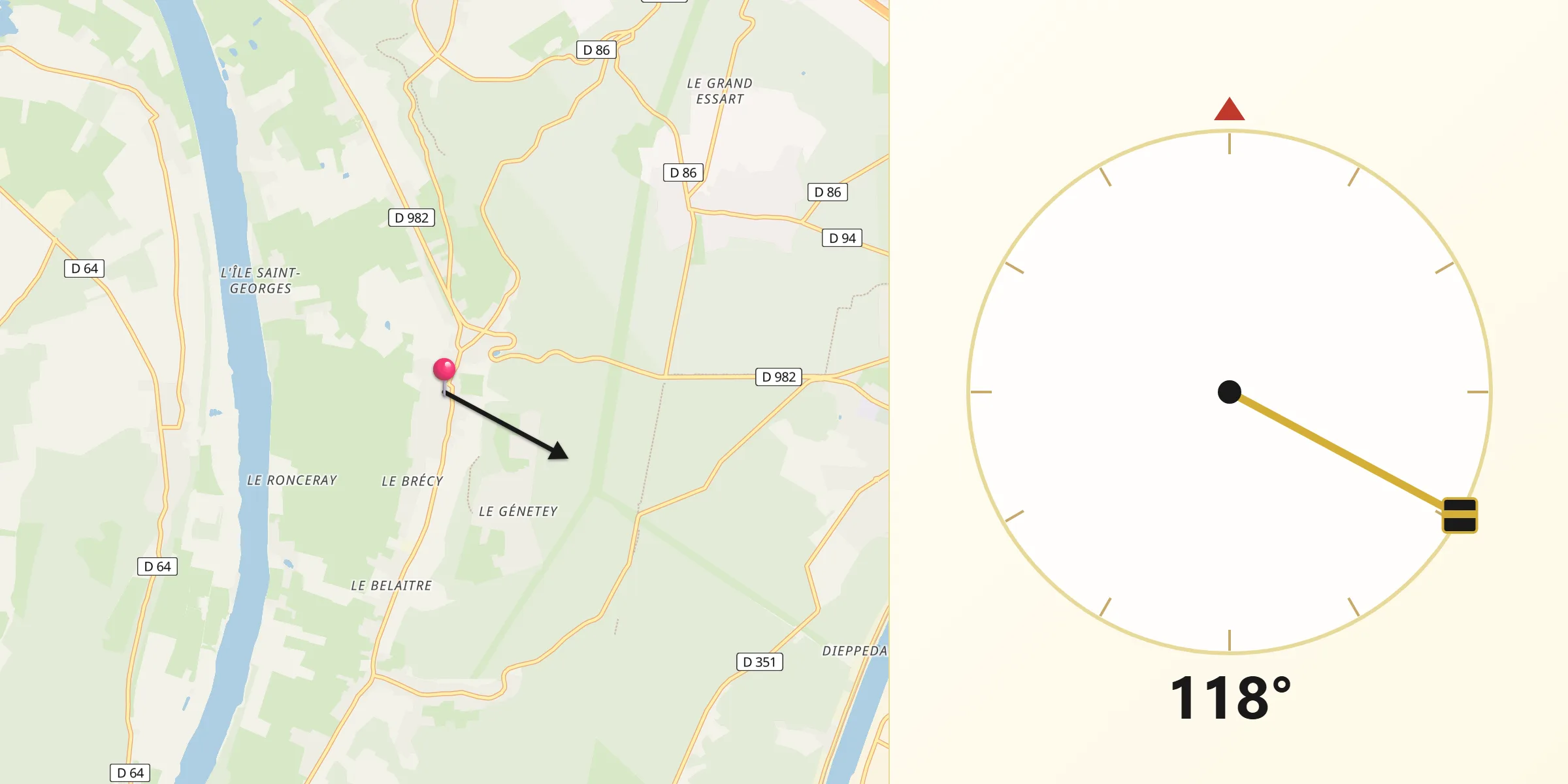 Direction vers la Qibla depuis Saint-Martin-de-Boscherville