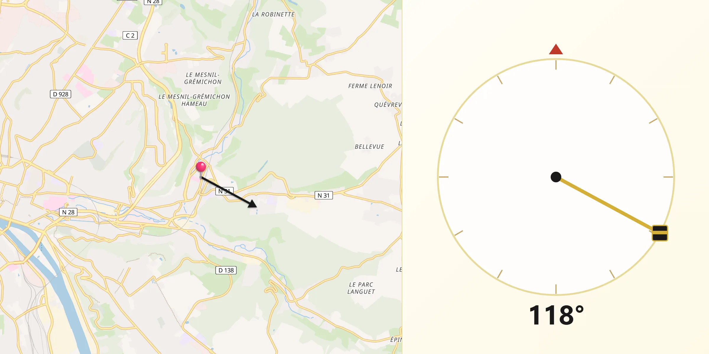Direction vers la Qibla depuis Darnétal
