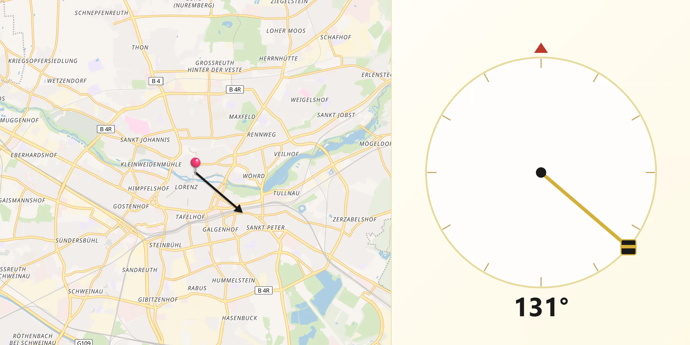 Direction vers la Qibla depuis Nuremberg